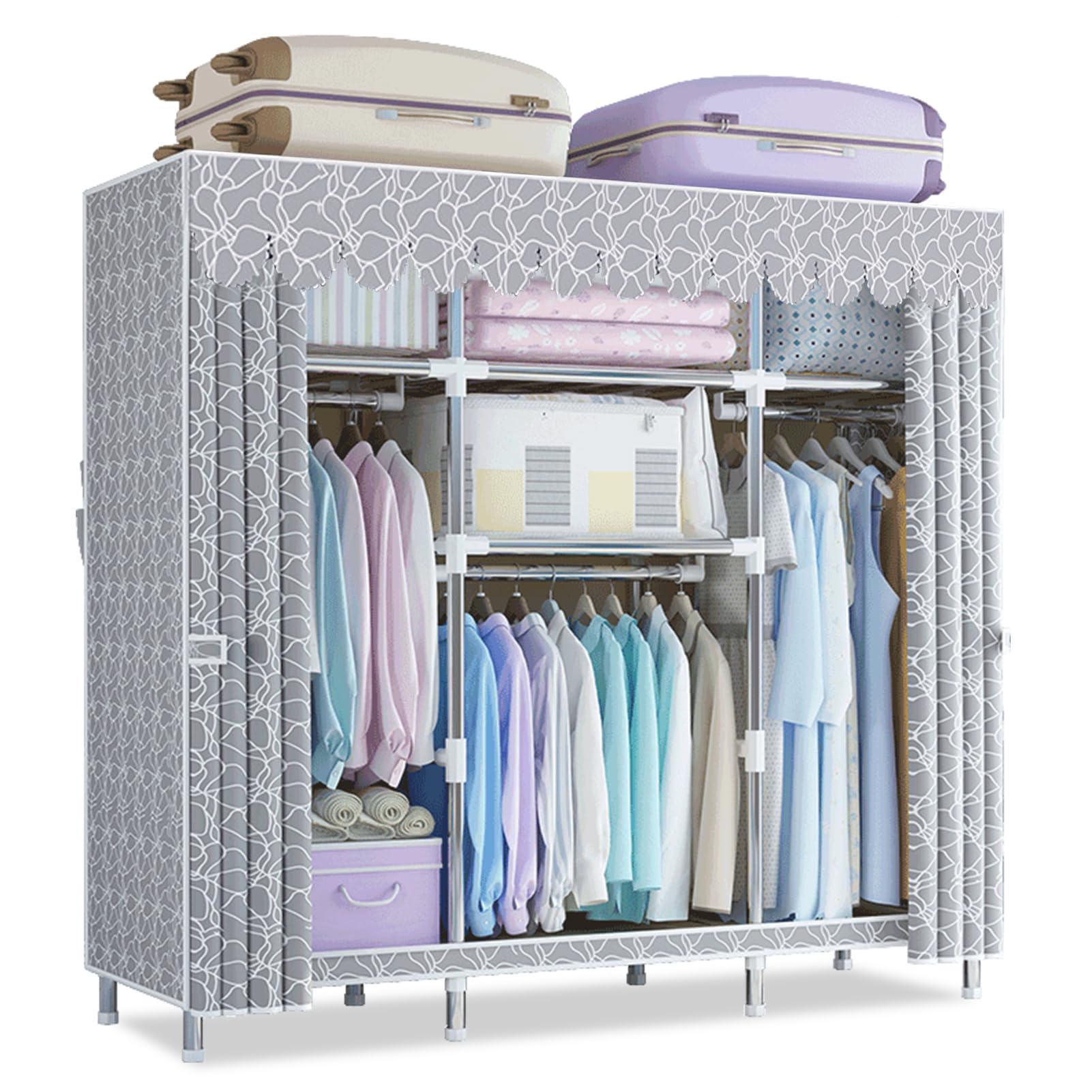 DAYONGPortable Closet, Large 56.3-Inch Wardrobe Closet with Non-Woven Fabric Cover, Free-Standing Closet Storage Rack, Economical Storage Closet for Home Dorm Apartment, Grey (Model 1)