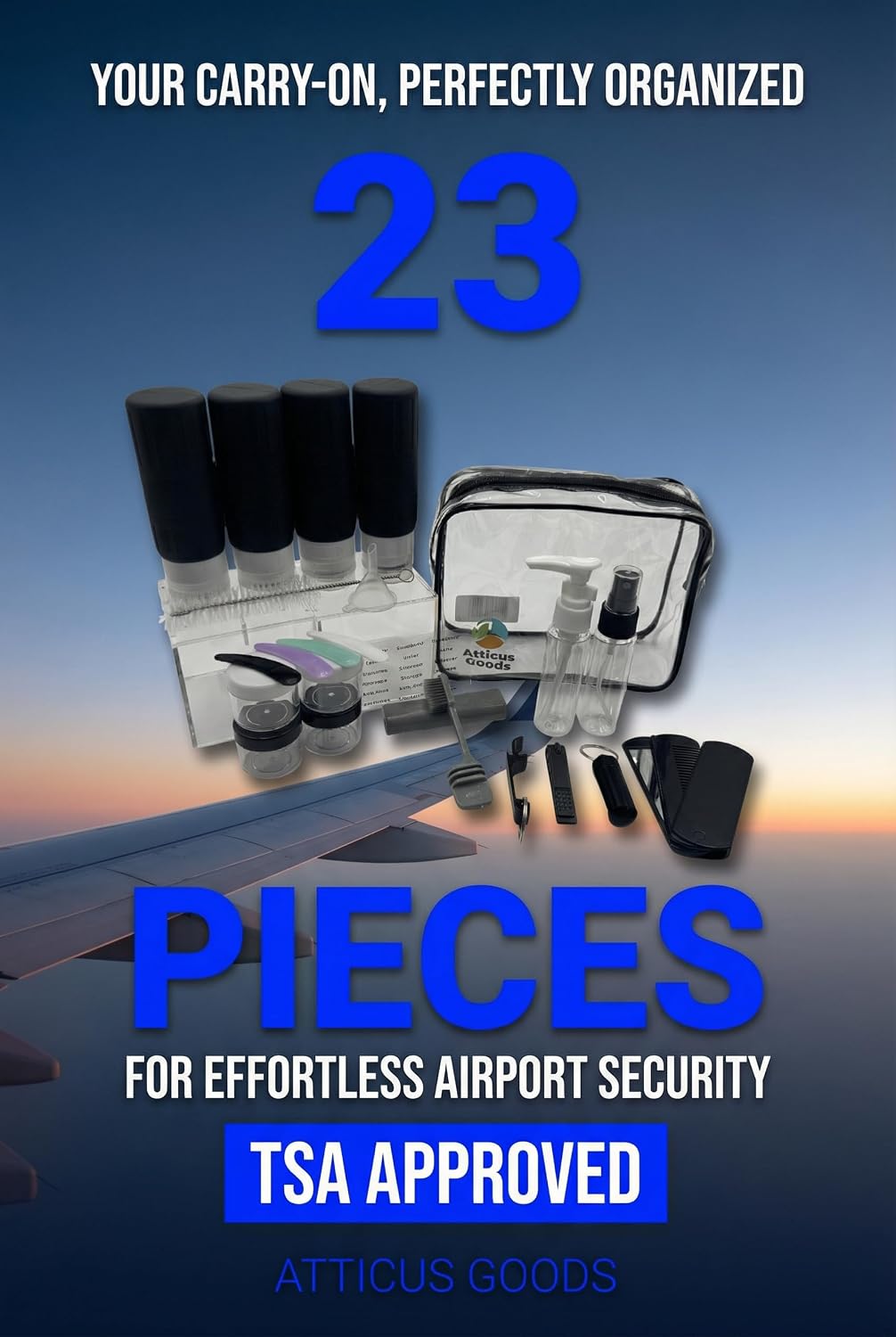 23 Piece Travel Size Containers Set | Refillable Travel Containers Kit, Clear Carry Case, Compact Travel Bottles for Toiletries