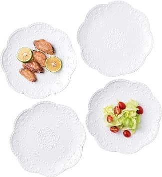 Ceramic Plate, Round Embossed Lace Plate, 4pcs 8-inch