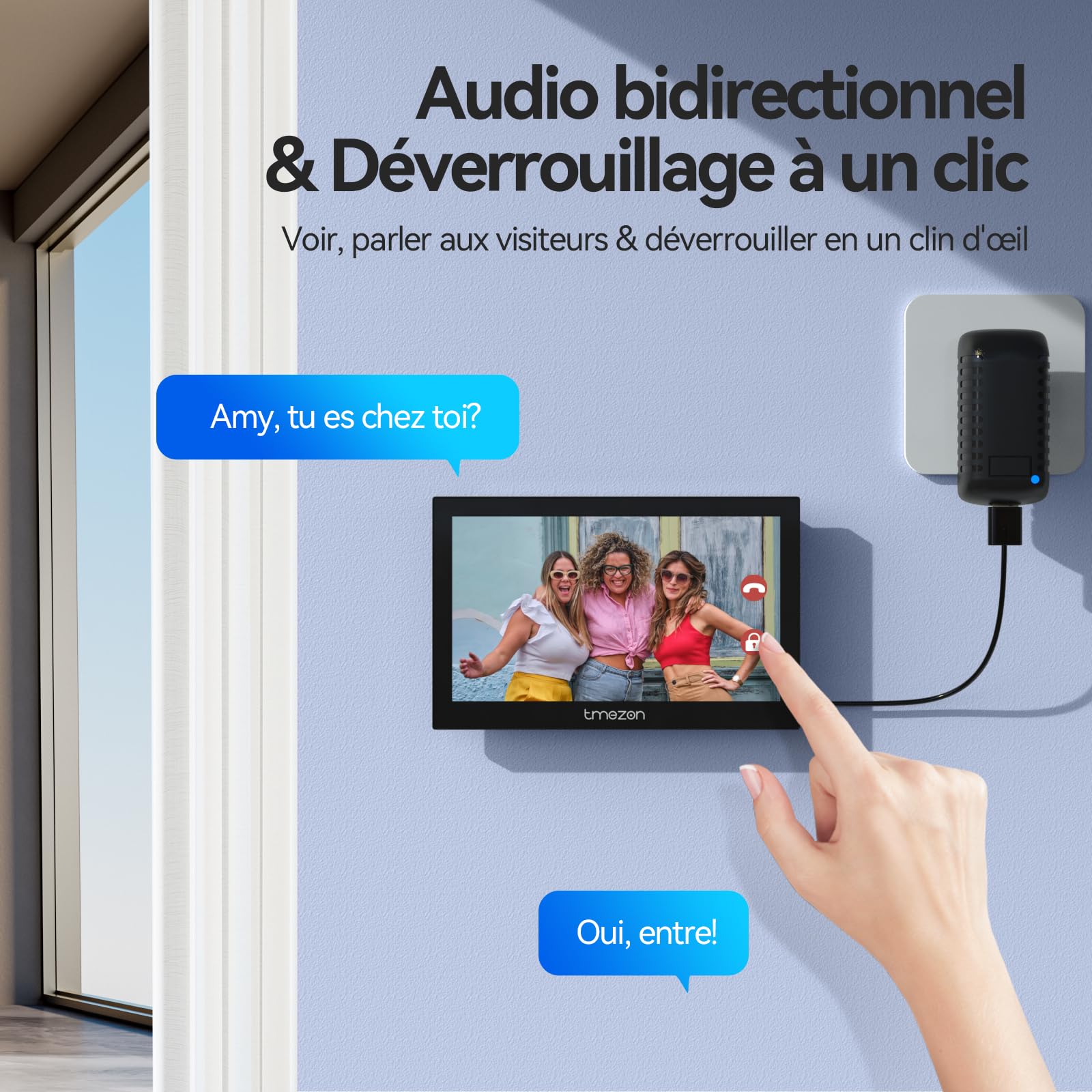 TMEZON Visiophone sans Fil avec Panneau Solaire,Kit Interphone Vidéo WiFi 1080P, Ecran Tactile Couleur 7’’, Sonnette Vidéo Extérieur,Audio Bidirectionnel,WiFi 2,4/5 GHz,PIR Détection de Humain