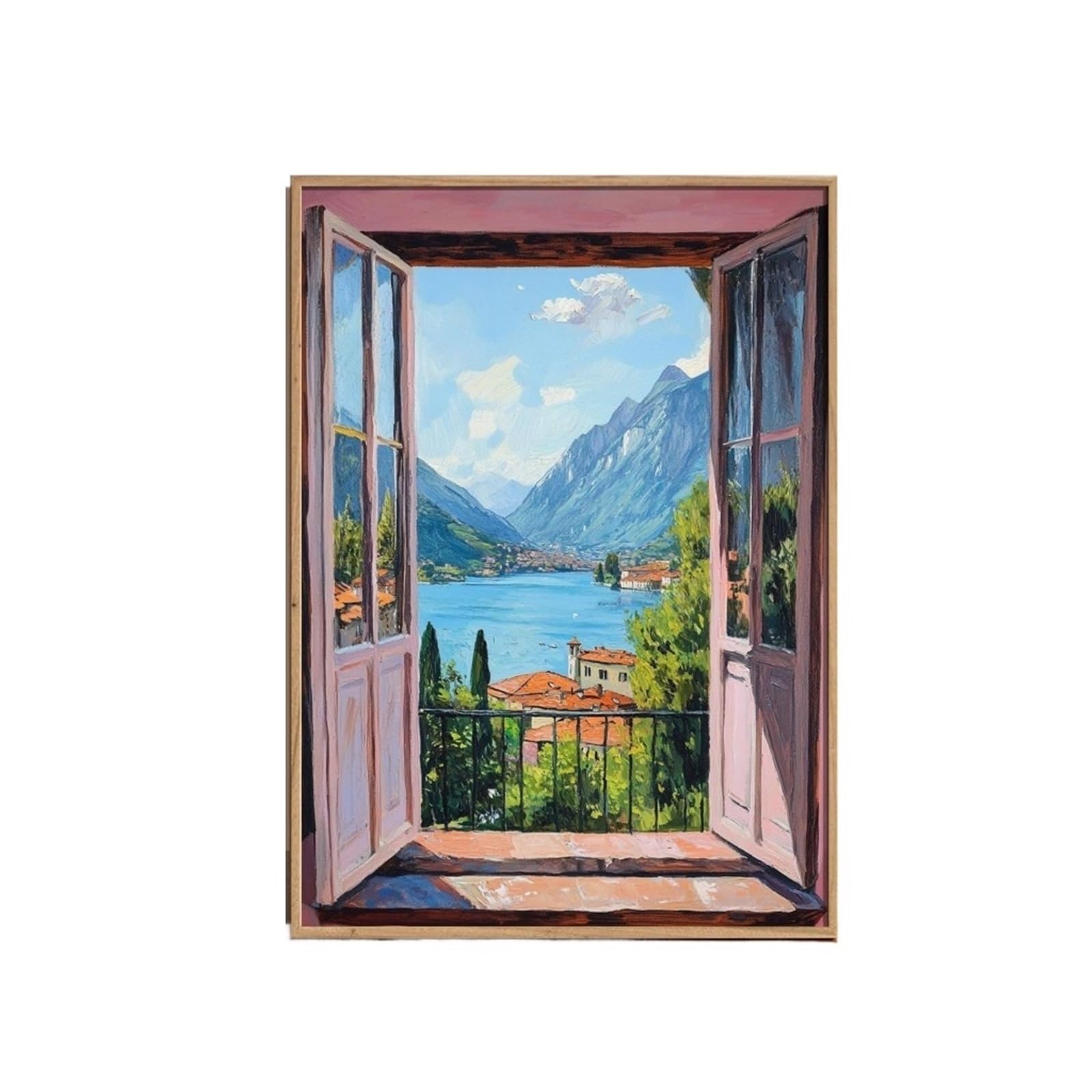 Graiting 1pc Open Window Print Style Fauvism Painting Exhibition Mediterranean Sea Orange Tree Coastal View Boats(DA161,30x40cm Unframe)