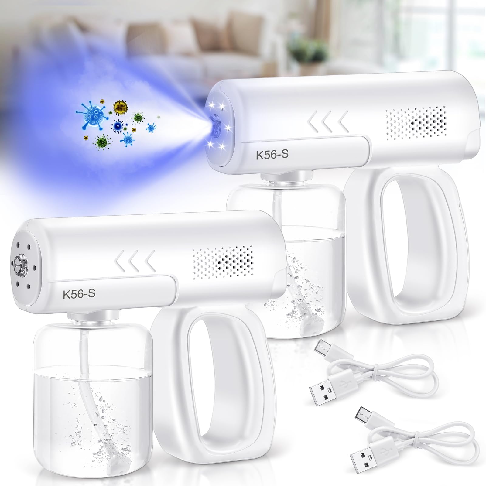 Qualirey 2 Pack Rechargeable Atomizer Sprayer Gun Handheld Nano Spray Cordless Steam Large Capacity Electric Fogger Machine for Car School Home Hotel, 1200mAh