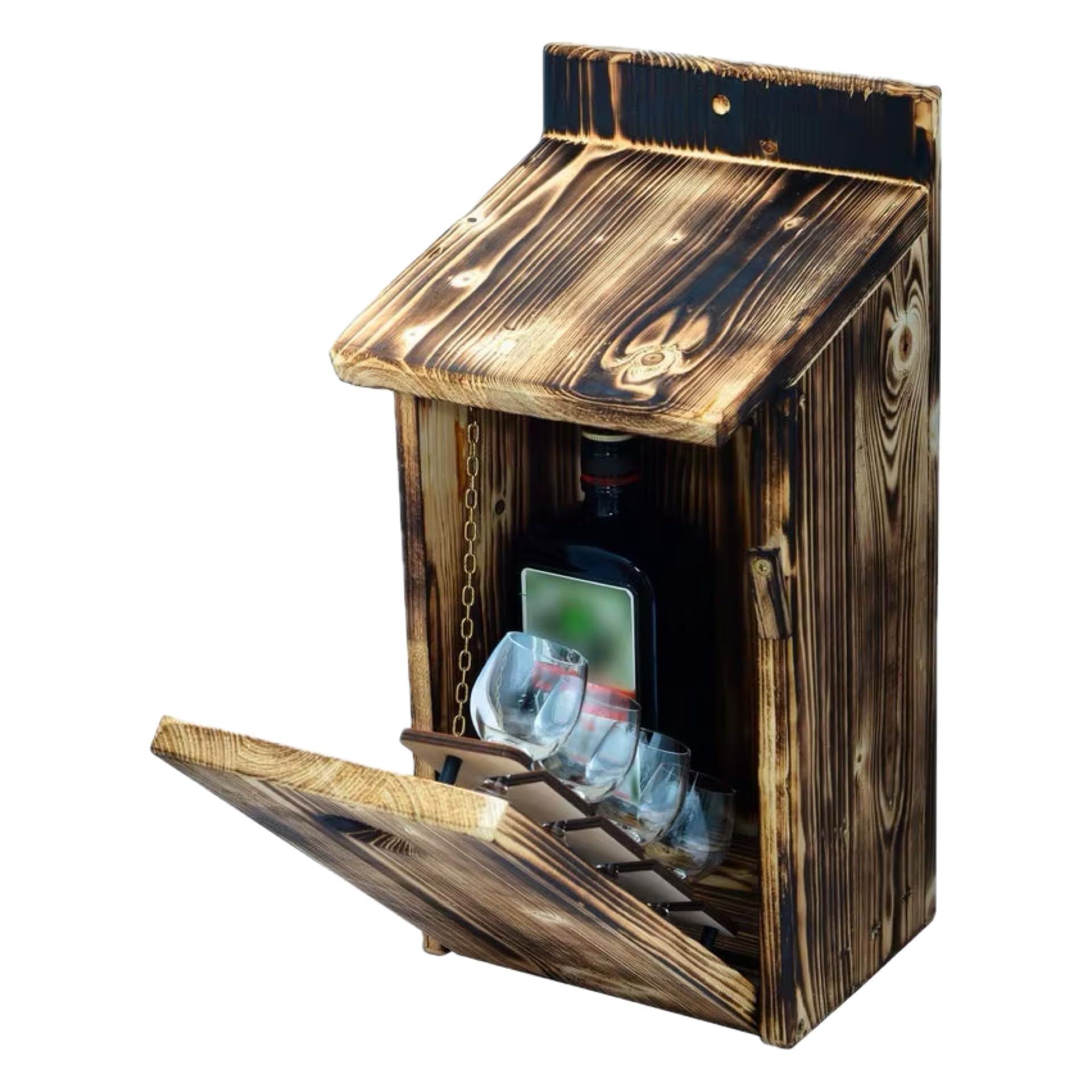 Casetta per uccelli fiammata – Decorazione da giardino nascosta – Scatola per cinguettio in legno con scomparto segreto per bottiglia, divertente idea regalo per uomini, feste in giardino e
