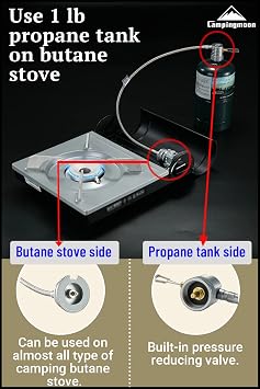 CAMPINGMOON Propane to Butane Adapter Built In Regulator Hose Z59-CB | Built-in regulator with 20 in extension hose for cassette stoves