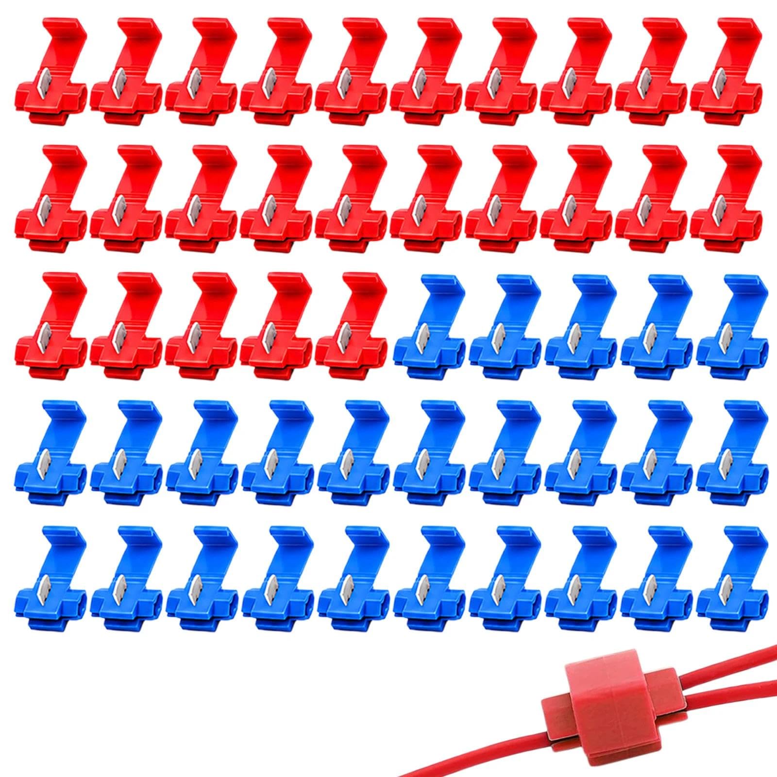 50 PCS Quick Splice Electrical Wire Connectors Set, T Tap Cable Splice for 14-22 AWG Wires (0.5-2.5 mm²), Branch Connector for Automotive and Home Wiring, Red Blue