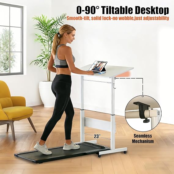 Hand Crank Small Standing Desk, Adjustable Height 27.76-40, Tiltable Tabletop with Wheels, Portable Laptop Computer Table, Rolling Podium Mobile Stand Up Desk for Walking Pad Treadmill, Home Office