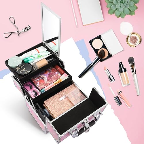 Miniatura 4 de Abbylike Estuche de maquillaje para niñas, estuche de maquillaje, caja de cosméticos, caja de maquillaje portátil, 2 bandejas, cerradura de llave,
