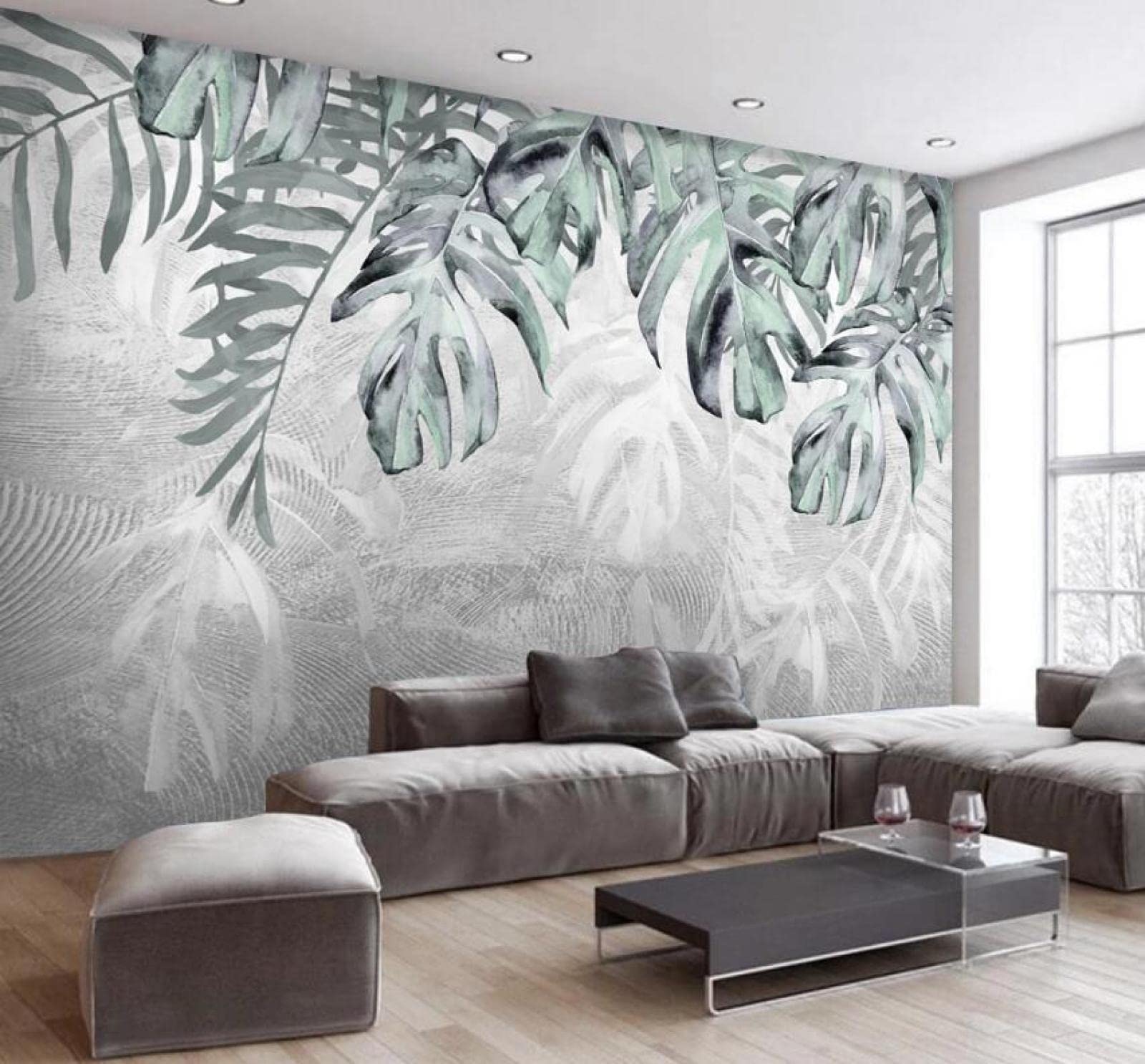 Papier peint mural 3d feuilles de bananier grises intissé pour salon