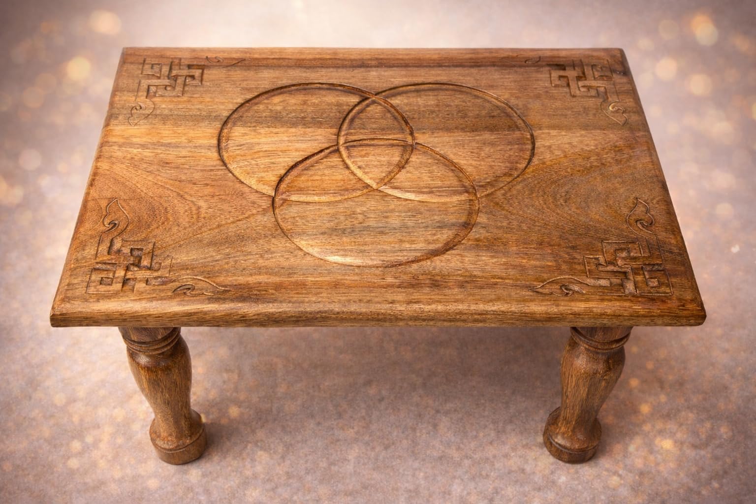 Photo 1 of Tribe Azure Fair Trade Small Altar Table, Meditation Altar, Puja, Wood Wiccan Buddhist Table, Tea Japanese, Small Low Side Dragon (Eternal Circle of Life)