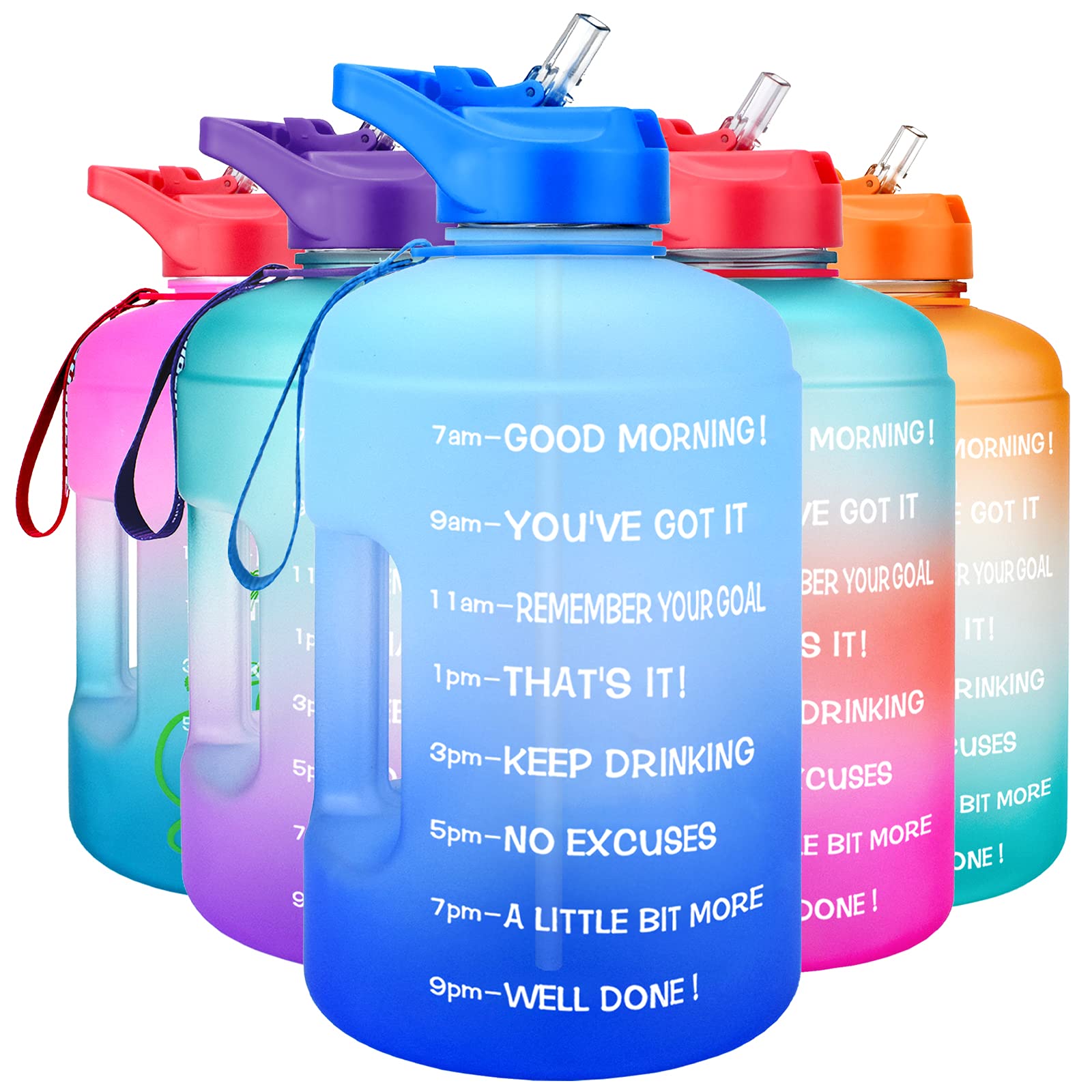 QuiFit Gallon Water Bottle Motivational - with Time Marker & Straw Leak-Proof BPA Free Reusable 128oz Large Capacity Water Jug for Fitness, Gym and Outdoor Sports (Blue/Blue Gradient, 1 Gallon)