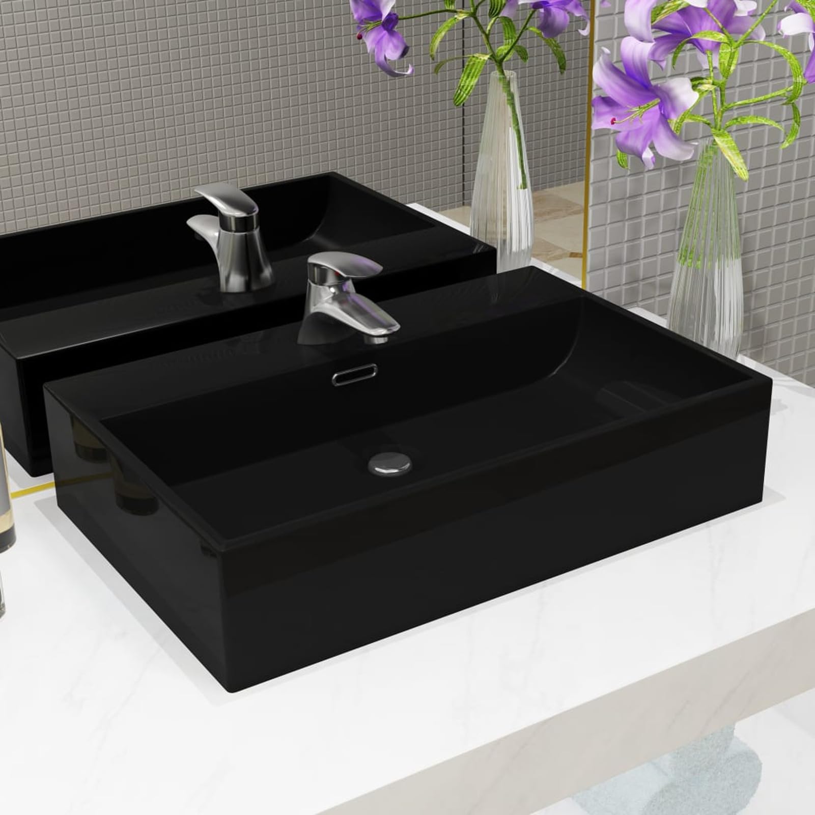 LAPOOH Lavabo con Orificio para Grifo cerámica 76x42,5x14,5 cm Negro, Fregadero, Lavabo Baño, Lavamanos Baño, Lavatorio Casa De Banho, Mueble Lavabo sobre Encimera