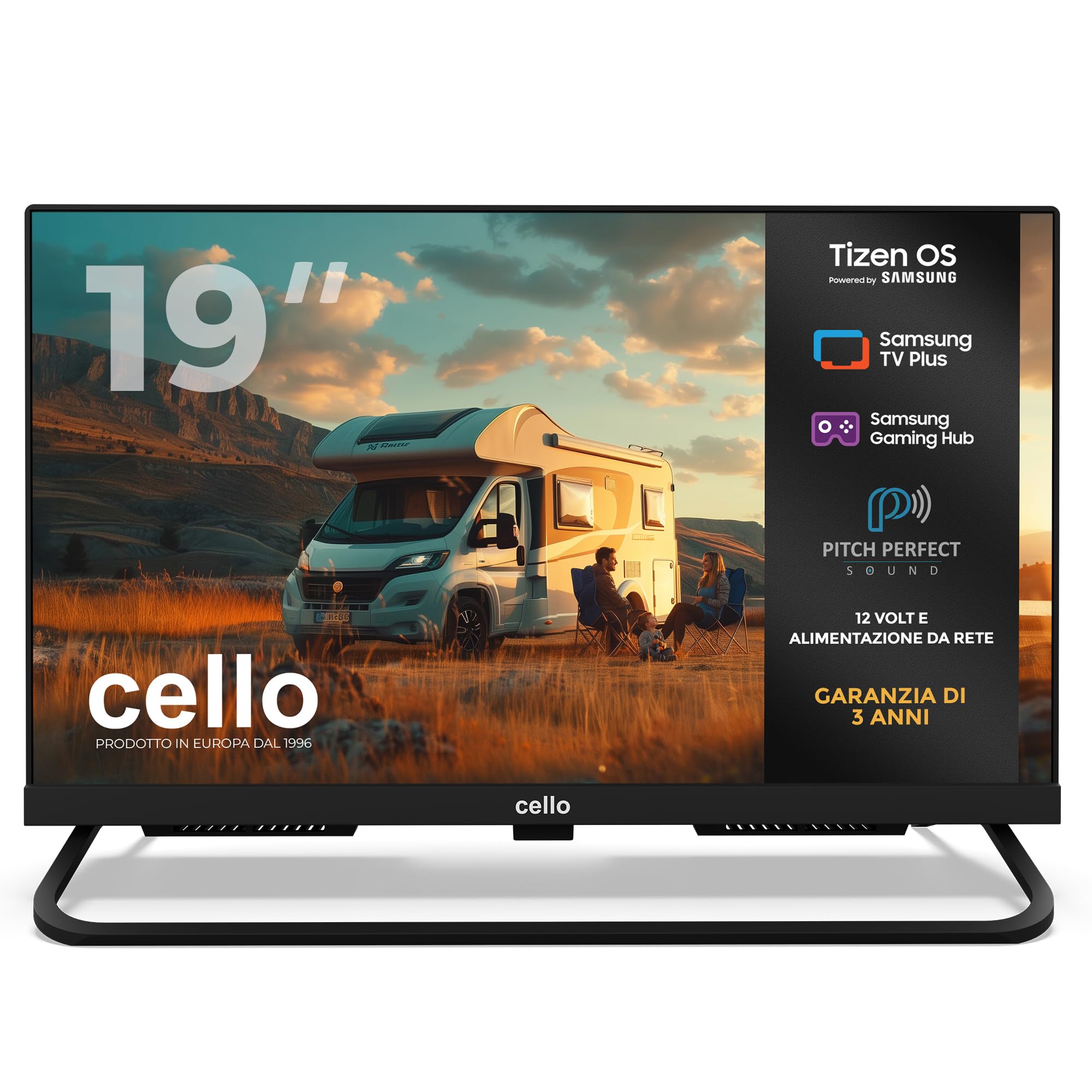 Cello CTRAV-19TZ Smart TV 19" 12V per camper e campeggio, Tizen OS di Samsung, Gaming Hub, altoparlanti Pitch Perfect, Bluetooth, triplo sintonizzatore