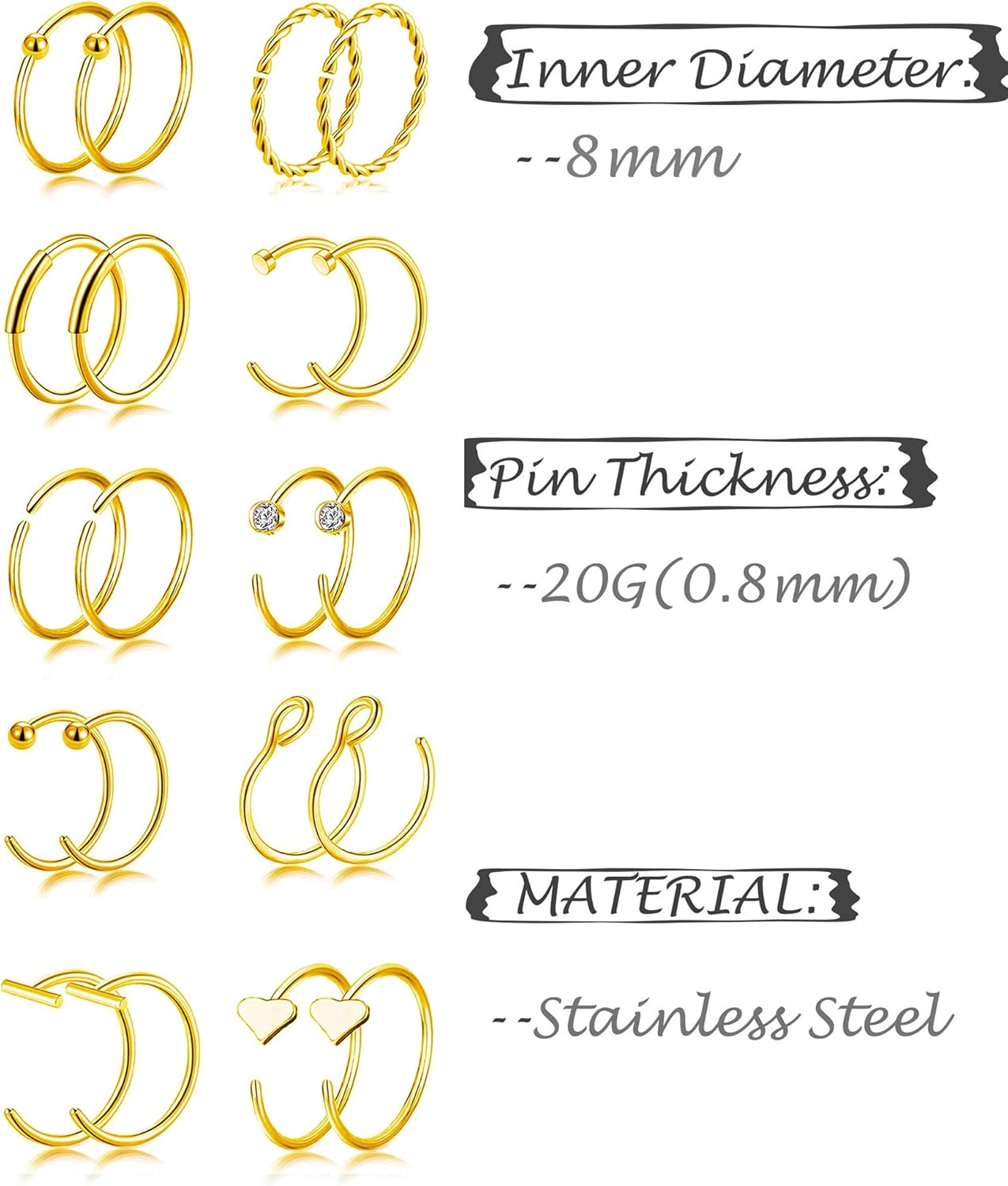 Tornito 20G 38Pcs Stainless Steel L Bone Screw Shaped Nose Studs Nose Rings CZ Hoop Tragus Cartilage Nose Ring Labret Nose Piercing Jewelry for Men Women Rose Gold Tone - Image 4