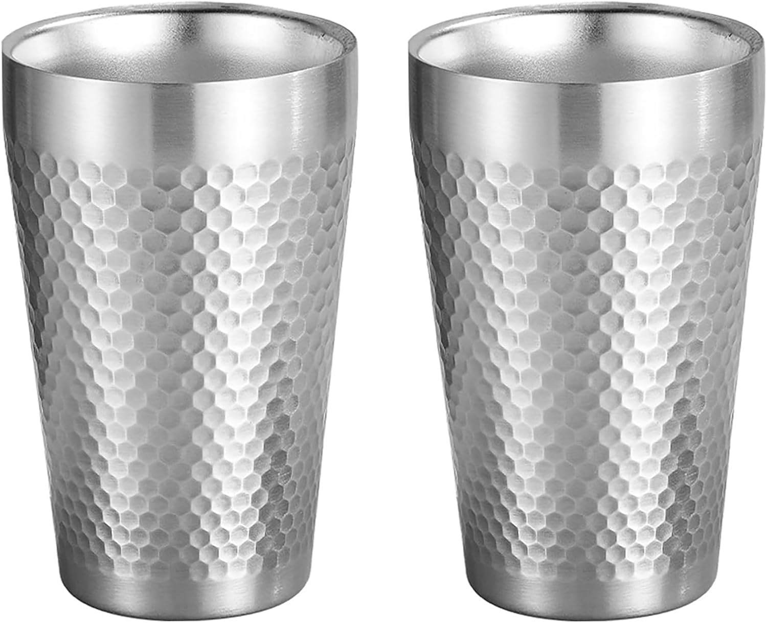 2 pcs Stainless Steel Cups (350ml/per, Silver), Diamond Hammer Pattern, Double Walled, Large Iced Tea Mugs, Thicken Coffee Cups, Reusable Metal Water Tumbler, for Camping, Outdoor, Party