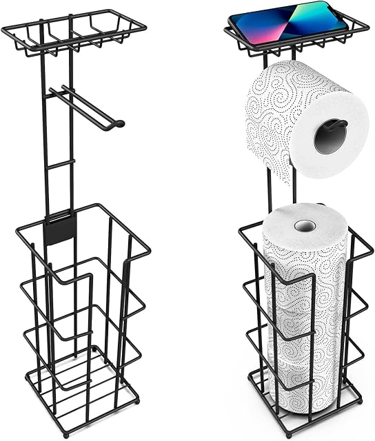 Vinsani Metal Freestanding Toilet Paper Roll Holder & Storage - 4 Tissue Paper Rolls with Multifunctional Storage Rack Minimalist Modern Style Rust Resistant for Toilet Bathroom  Black