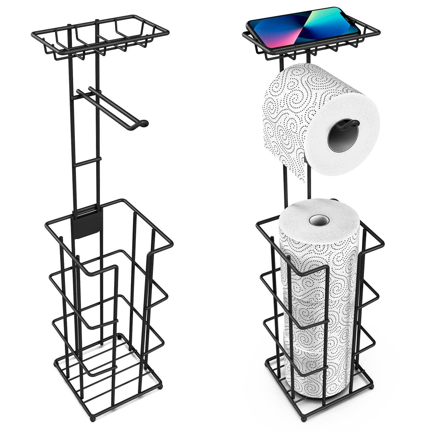 Vinsani Metal Freestanding Toilet Paper Roll Holder & Storage - 4 Tissue Paper Rolls with Multifunctional Storage Rack Minimalist Modern Style Rust Resistant for Toilet Bathroom – Black