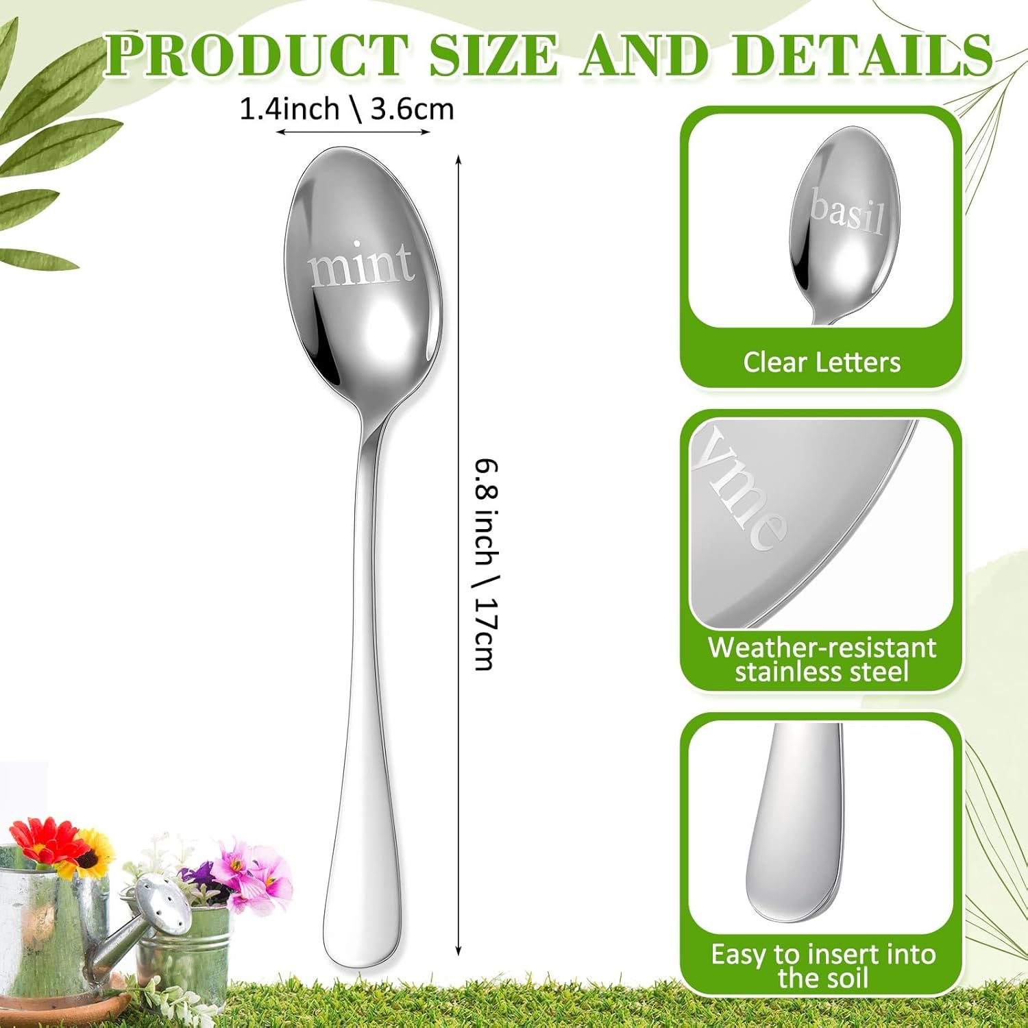 Bucherry 12 Pcs Metal Plant Label Signs, Spoon Shape Planted Herb Markers Garden Labels with Herb Names for Nursery Indoor Outdoor Garden Decoration, Stainless Steel, 12 Styles, 6.8" x 1.4" - Image 2