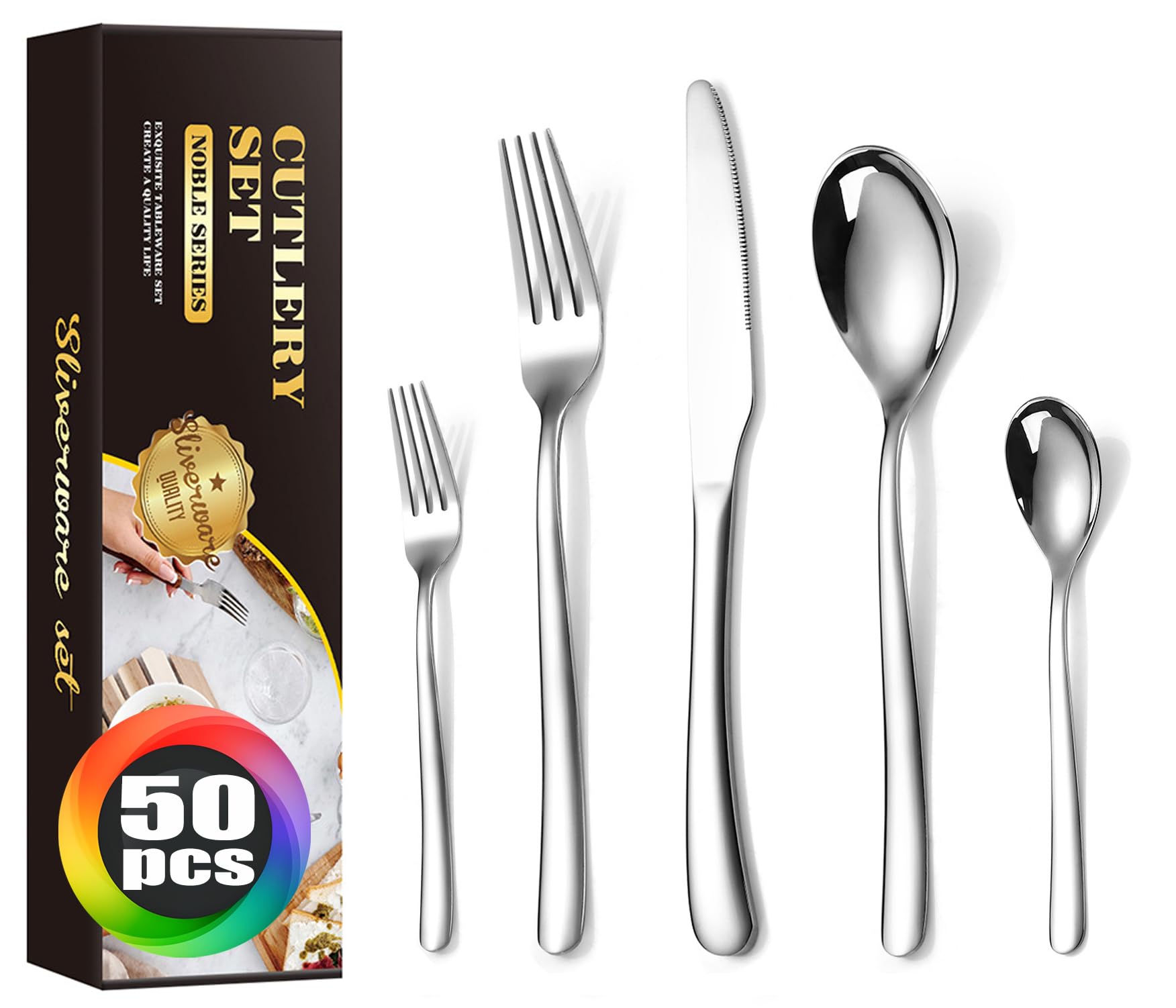 MURRI&MURRDI Stainless Steel Cutlery Set for 10 People, Knife Fork Spoon Silverware Set Flatware Utensils Set for Home Party Restaurant, Dishwasher Safe, Silvery (Silver)