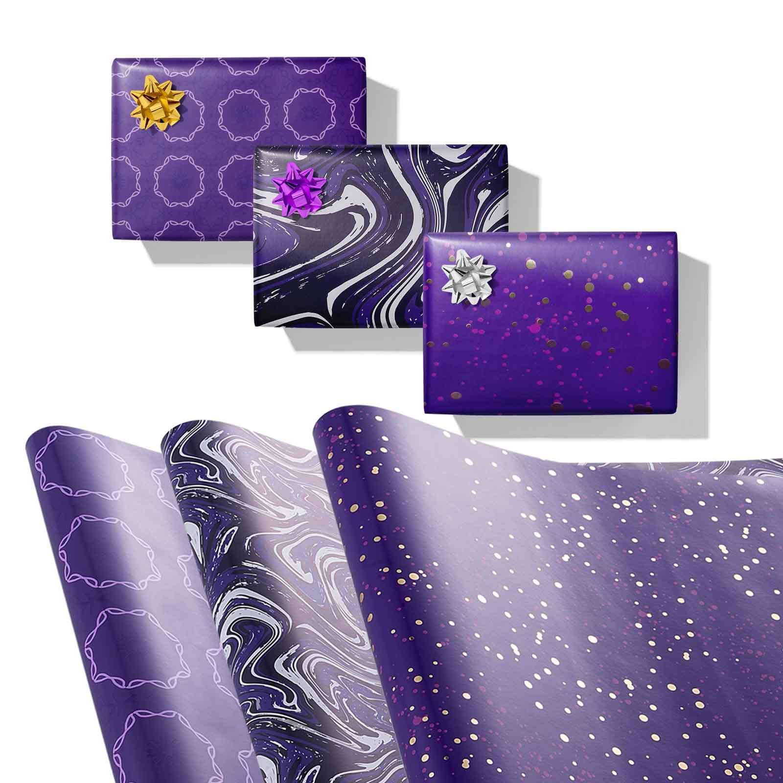 GAKA Rollo de papel de regalo, morado, 3 diseños diferentes de papel de regalo, adecuado para Halloween, Acción de Gracias, Navidad, cumpleaños, boda, regalos de graduación, embalaje de 17 x 120