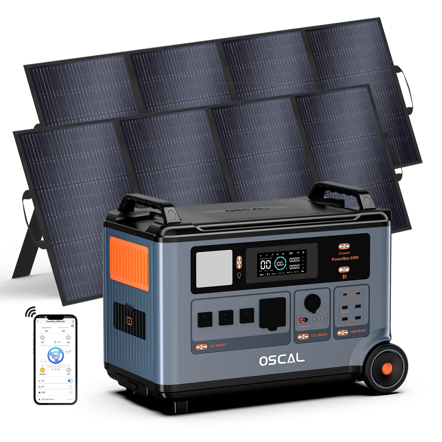 OSCAL PowerMax 6000 Solar Generator with 2x400W Solar Panel 120V 240V Portable Power Station 6000W AC Outlets 9000W