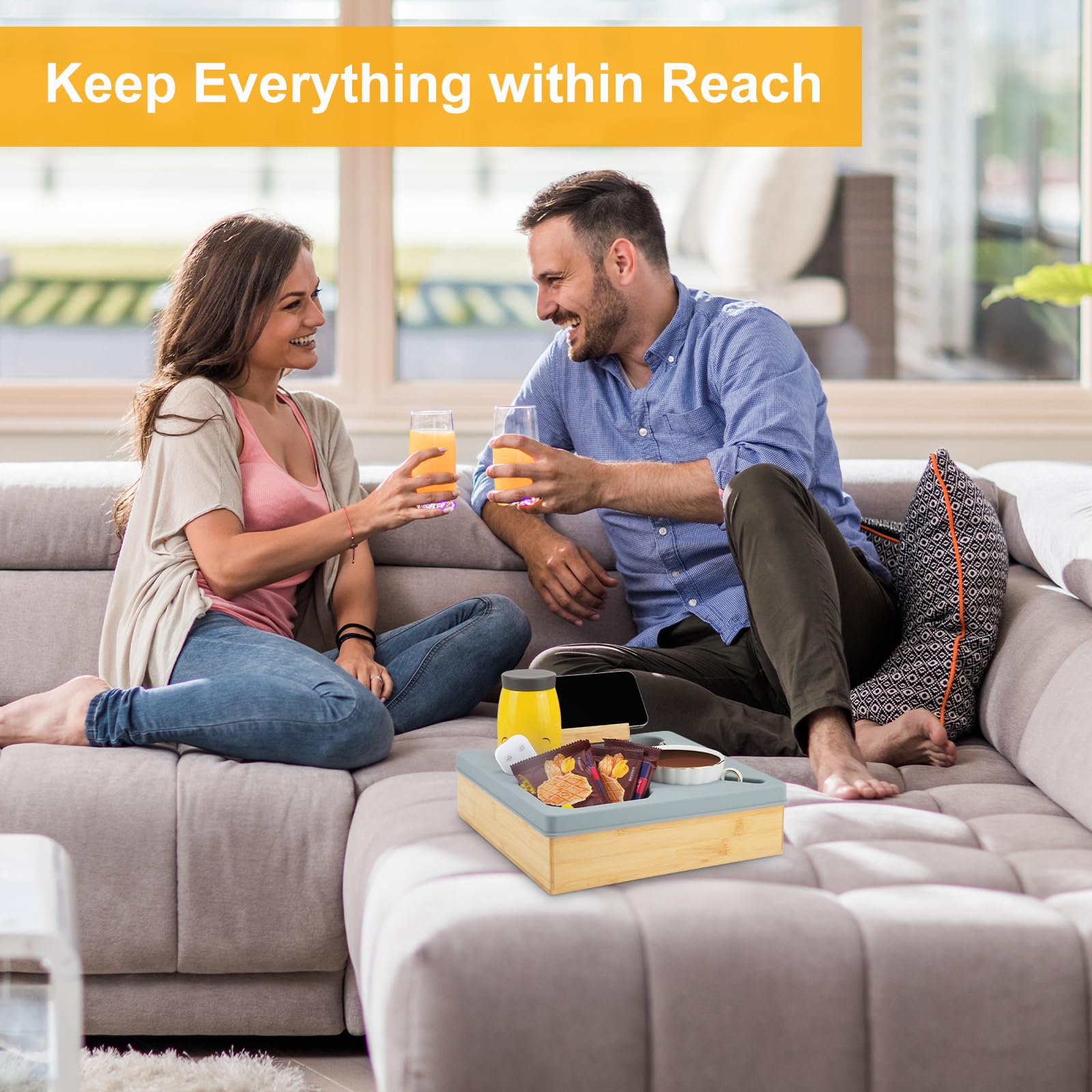 Bambus Couchbar Snackbox Mit Fächern, Snackteller Silikon Couch Organizer, Sofa Tablett Betttablett Handyhalter Geschenke für Männer Frauen Wohnzimmer Schlafzimmer Garten Camping