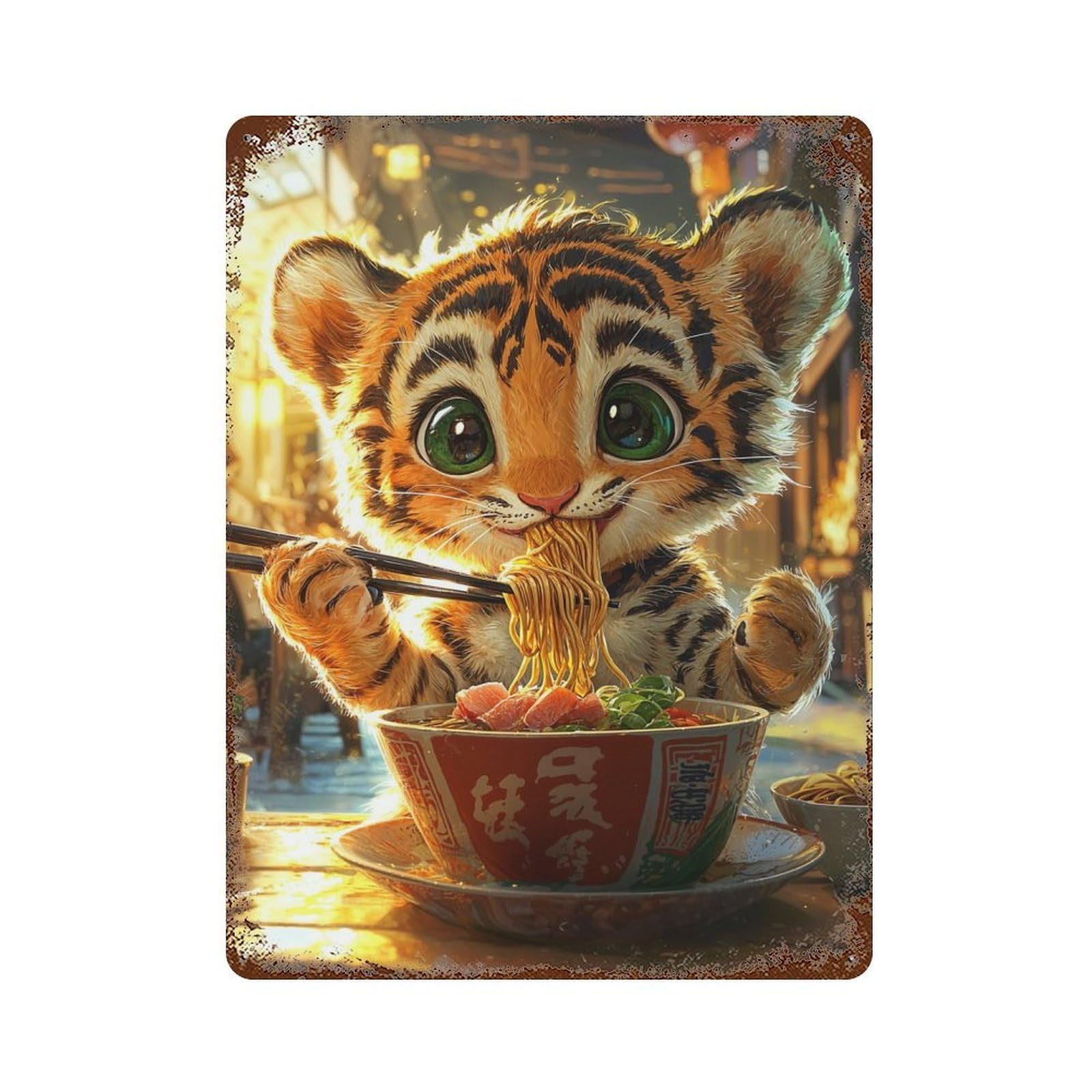 Tiger Eating Ramen 15.7"x11.8" Rusty Metal Tin Sign, Shabby Chic Decor for Bistro, Counter And Cafe Decor