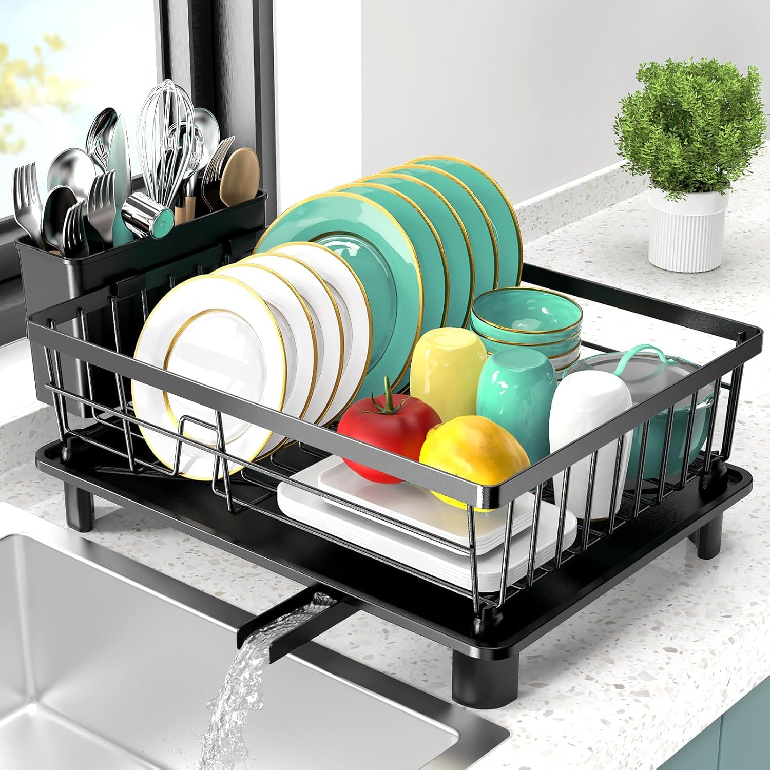 Dish Drying Rack, Space-Saving Dish Rack for Kitchen Counter, Stainless Steel Dish Rack with Cutlery Holder, Removable Dish Drainer, Drainboard and Adjustable Spout for Various Kitchenware,15x11x6.7''