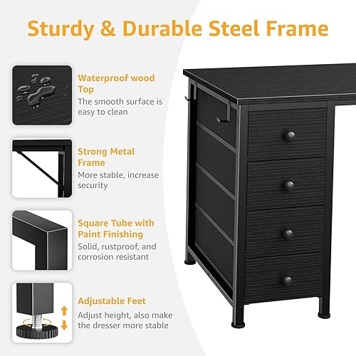 Miniatura 7 de Escritorio negro con cajones de tela en ambos lados, escritorio negro para juegos de 47 pulgadas, oficina en casa, computadora, estudio, escritura,