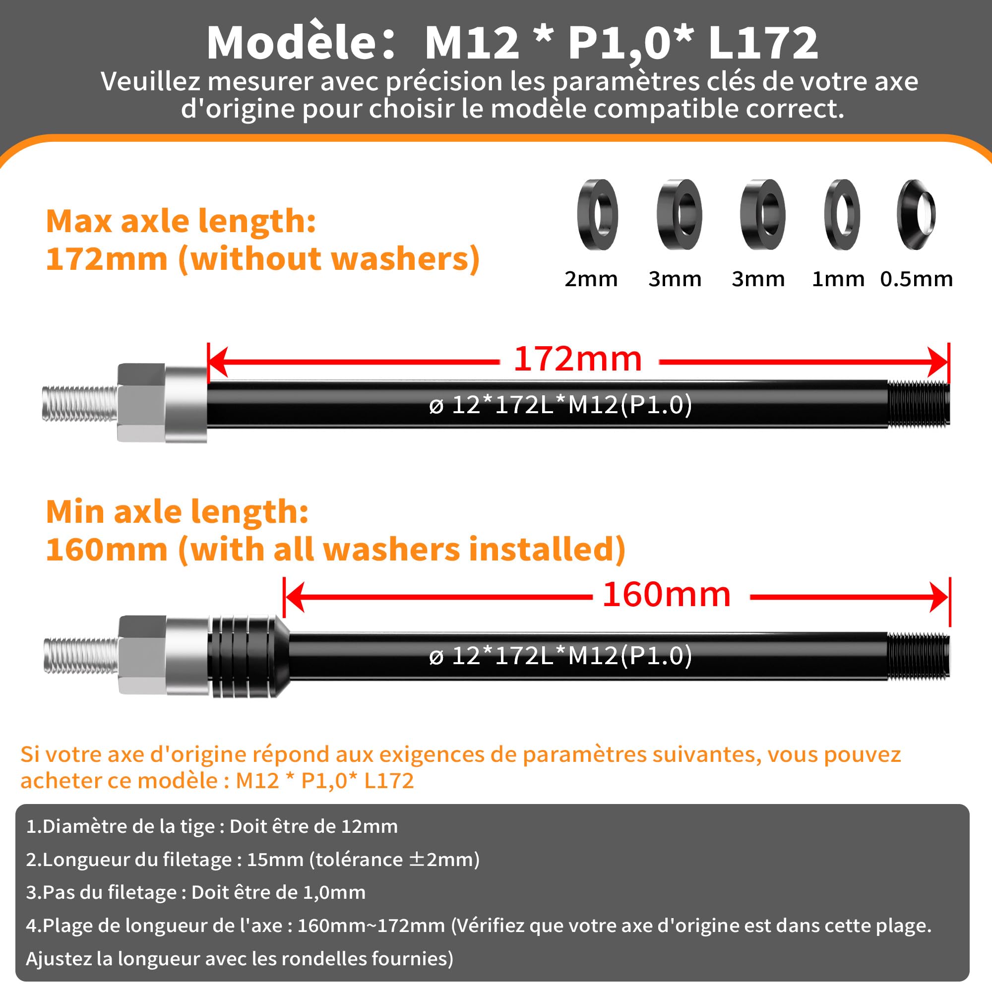 Adaptateur M12 pour remorque de vélo, longueur de tige réglable