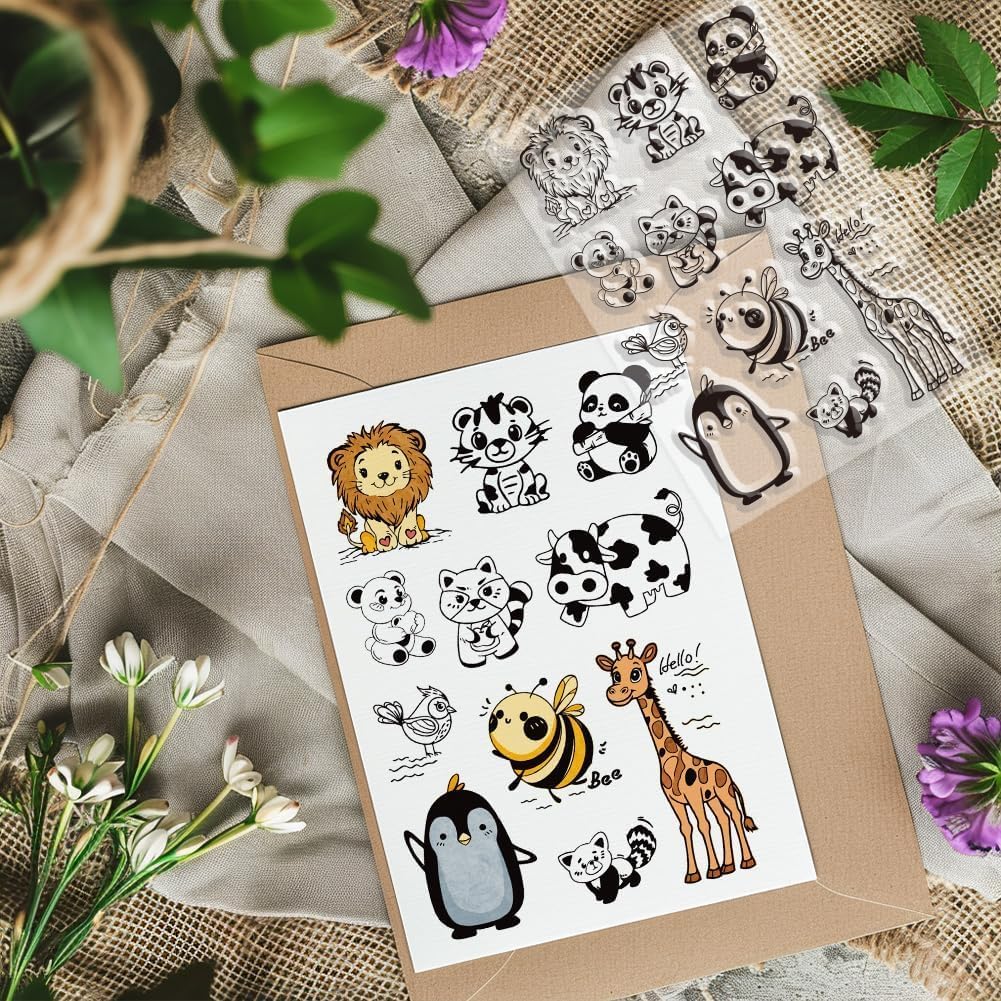 PH PandaHall 6 Sheets Animals Clear Stamps, Rubber Transparent Stamp Panda/Whale Puppy Cow Clear Craft Stamps for Card Making DIY Scrapbooking Album Crafting Journal Decoration
