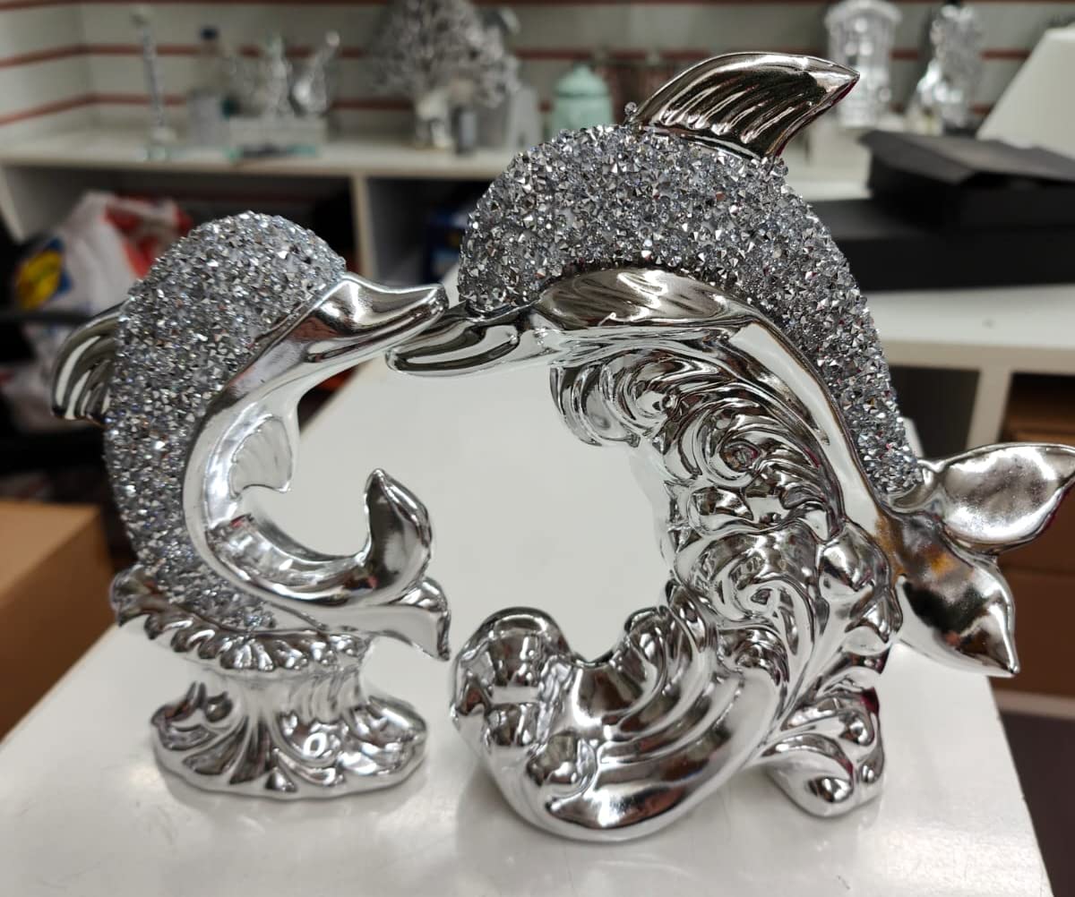 Biznest Silver Set Of 2 Dolphin Bling Crushed Diamond Aquaman Ceramic Sparkly Shelf Sitter Ornament