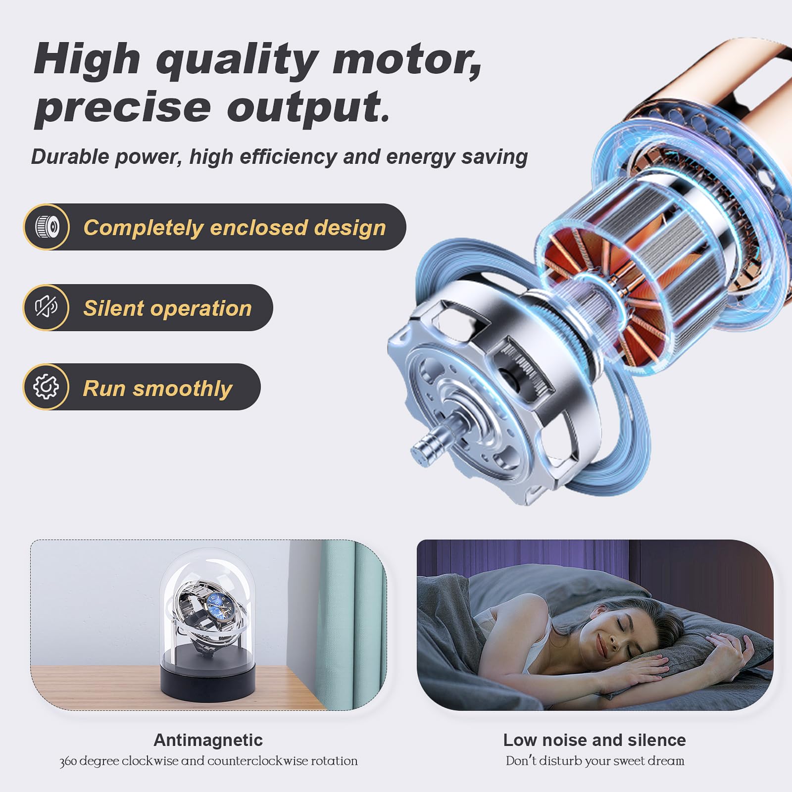 Ultra Leise Uhrenbeweger für Automatikuhren, <15dB Silent Rotation, 4 Modi & 6 Richtungen, für Automatikuhren Rolex/Omega, Anti-Magnetischer Motor mit Glasvitrine (Silber)