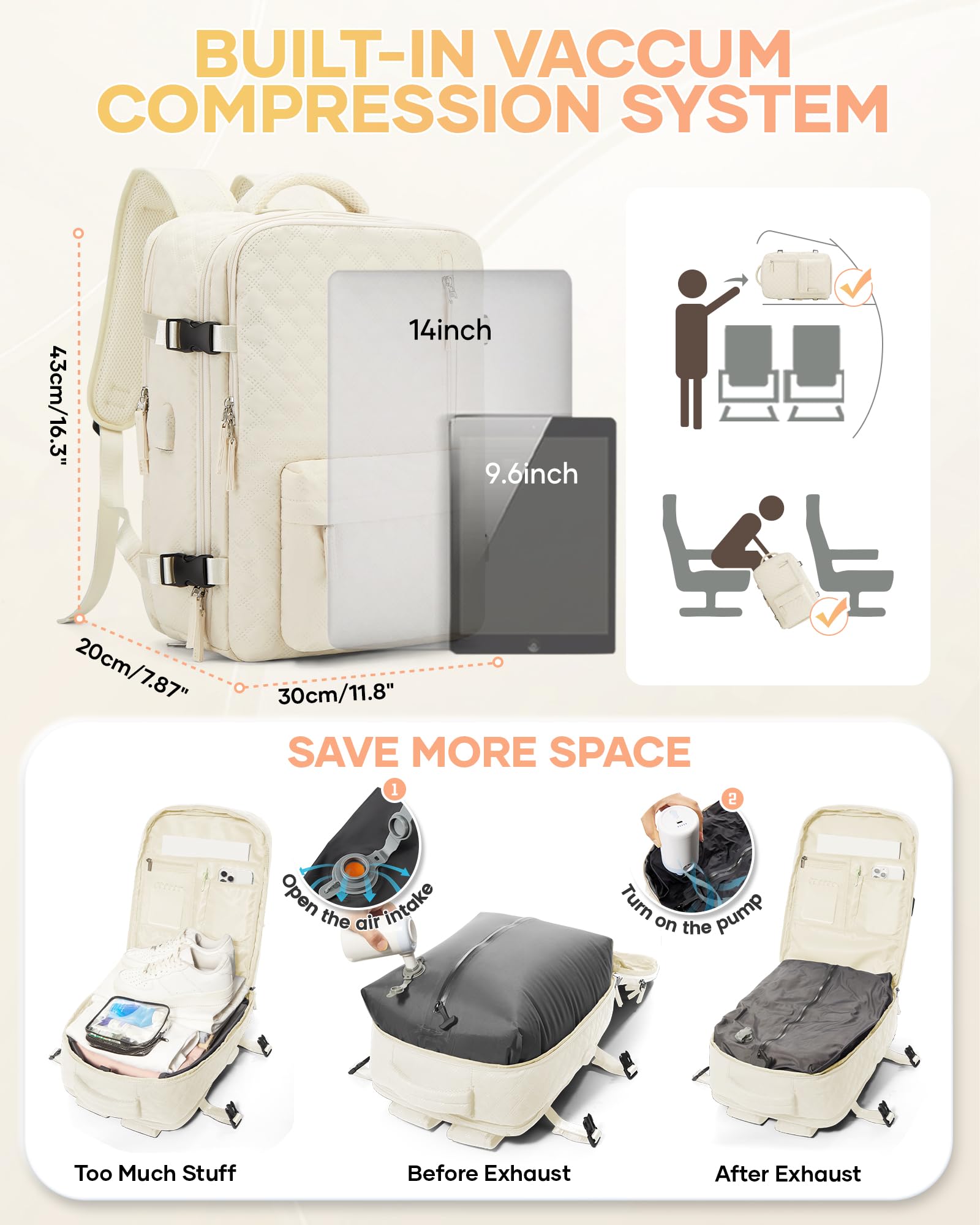 SZLX Zaino Ryanair 40x30x20 Sottovuoto Bagaglio a Mano 40x20x25 Donna Zaino da Viaggio 40x30x20 Wizzair Borse da Cabina per Easyjet 45x36x20 Uomo per Laptop 14 Pollici con Porta USB e Porta Scarpe