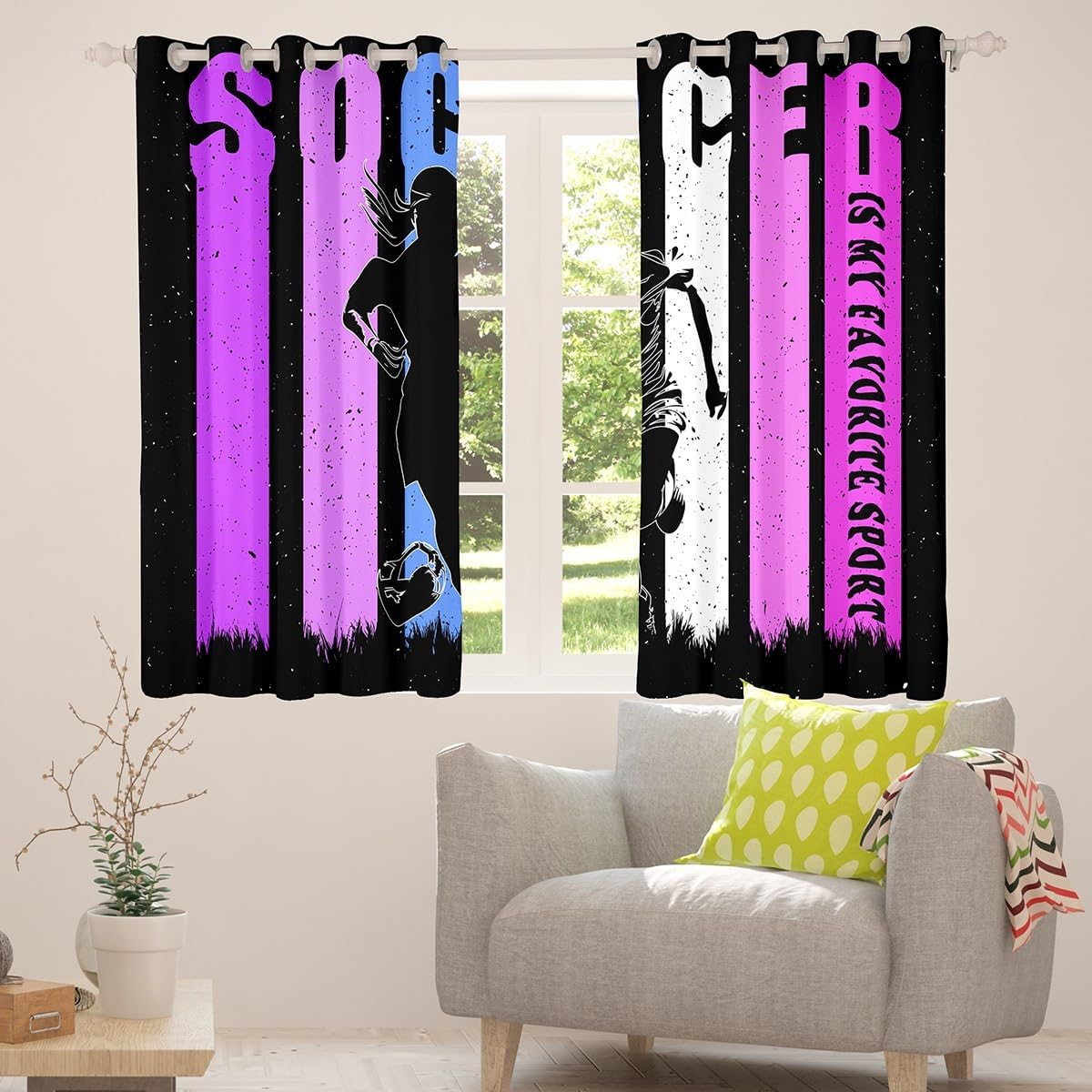 Soccer Curtains,Kids Adults Teens Room Decor Woman Girls Teens Sport Themed Boys Girls Window Treatment Curtain,Athlete Silhouette Window Drapes,Top 2 Panel,38Wx45L