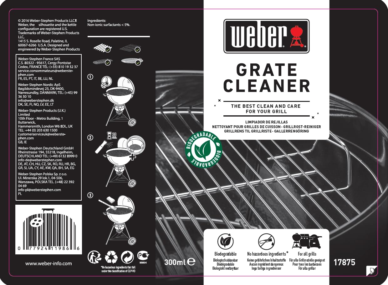 Weber Limpiador de parrillas 300ml, pulverización fina, disuelve grasa y residuos de alimentos, biodegradable, sin ingredientes peligrosos, adecuado para todos los modelos de parrillas (17875)