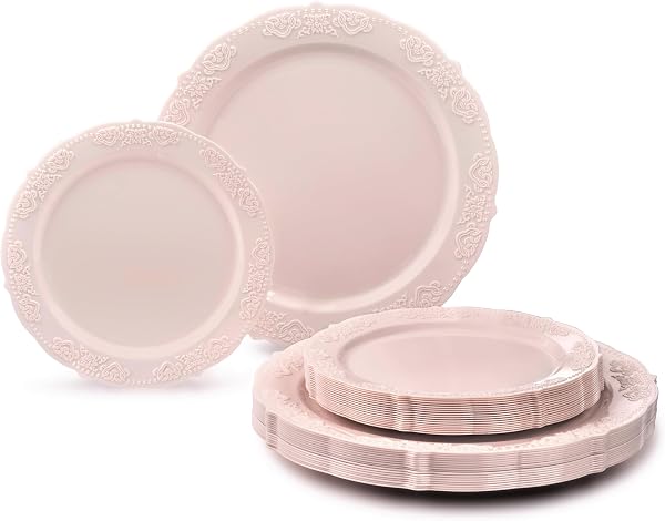 " OCCASIONS " 50 Plates Pack (25 Guests) Vintage Wedding Party Disposable Plastic Plate Set -25x10.25'' Dinner +25x7.5'' Salad/Dessert plates (Portofino in Light Pink) - 1