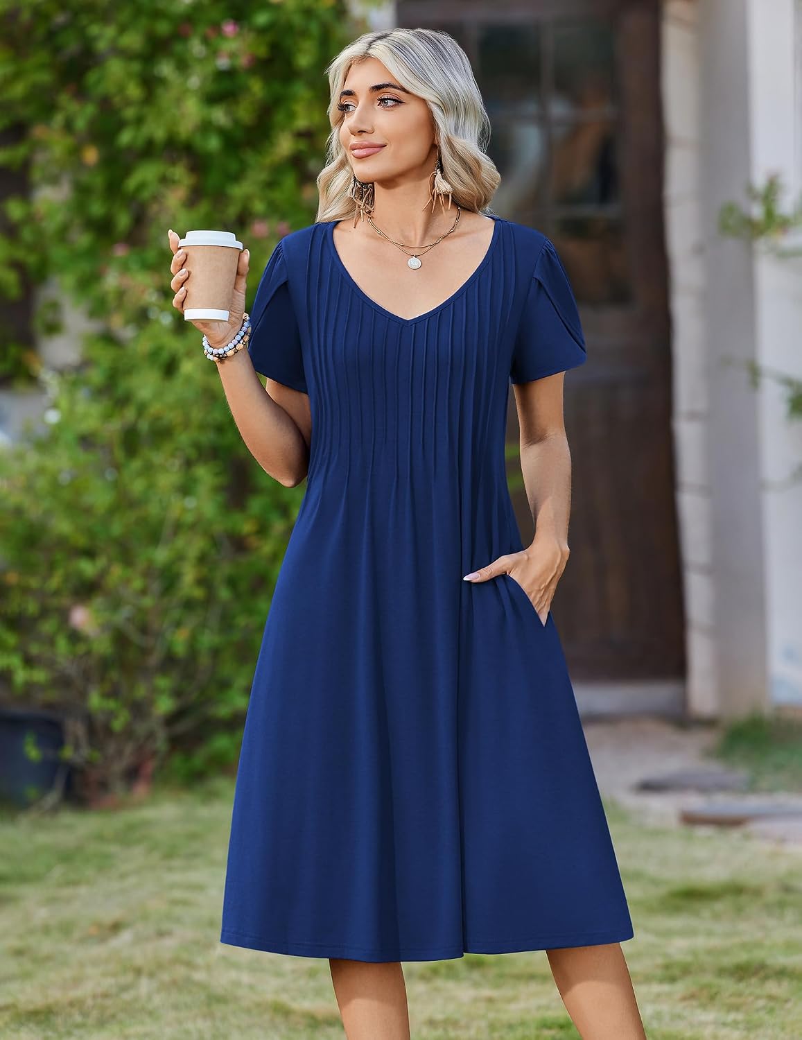 Zeagoo Womens Casual Summer Dress 2026 Short Sleeve Dresses Pleats Midi A Line Flowy Dress Boho Beach Sundress with Pockets image 2