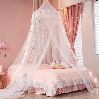 Nattey Princess Bed Canopy with Lights - Extra Large Gold Star Dome Mosquito Net for Kids Twin Full Queen Beds