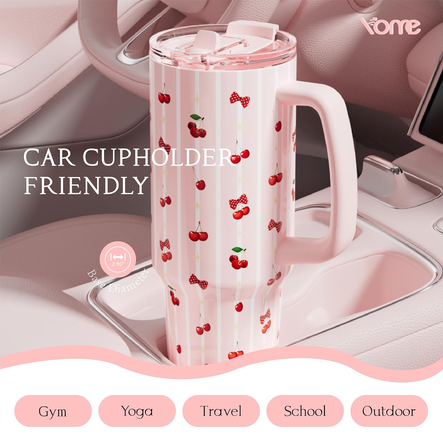 YOME 40oz Stripe Cherry Tumbler with Handle and Flip Straw | Stainless Steel Insulated Cute Water Bottle | Keeps Drinks Cold | Dishwasher Safe | Cupholder Friendly | Gift Gym Travel Yoga image 3