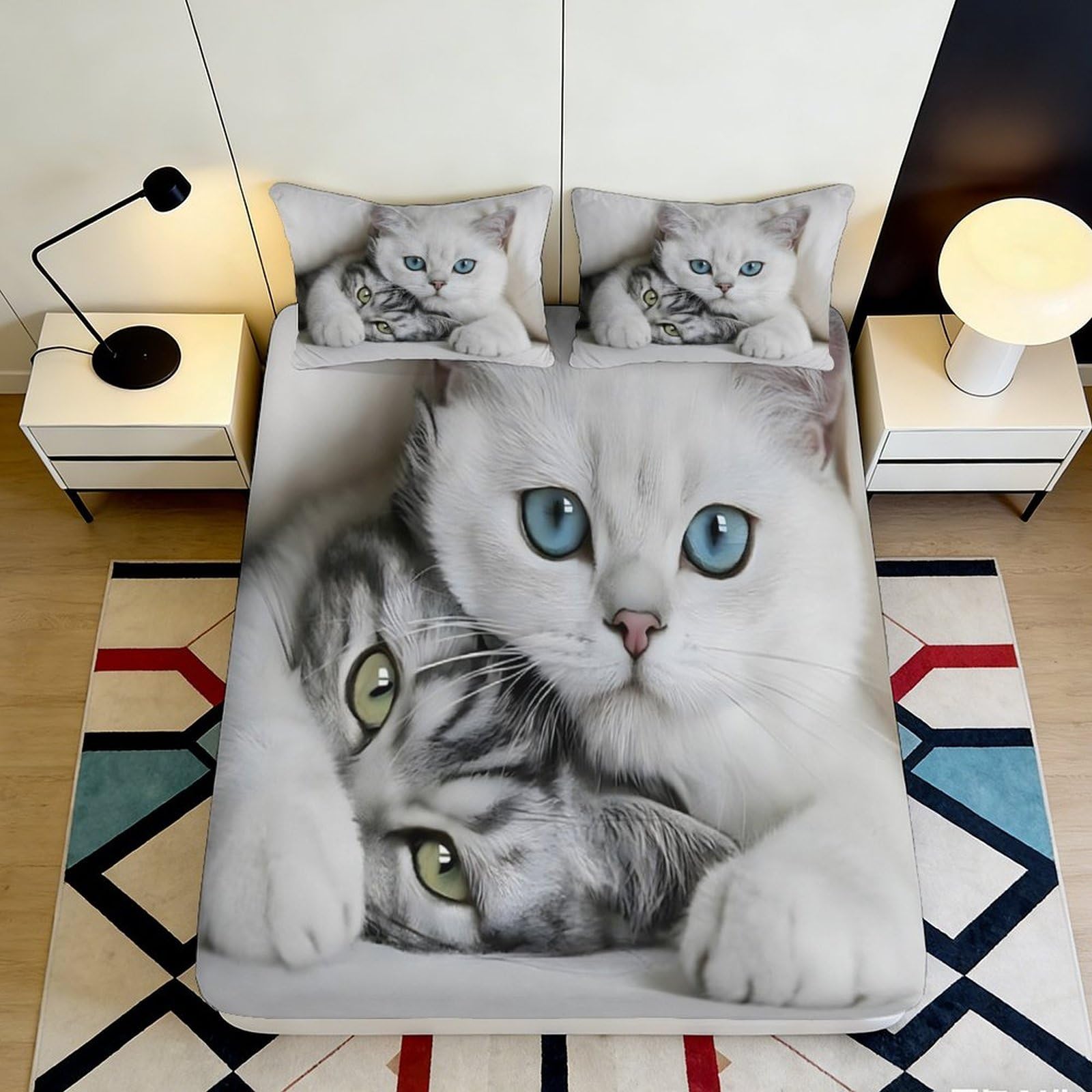 3D Printed White Blue Cat Fitted Sheet Microfiber Soft Grey Tabby Mattress Cover for Bedroom Dorm Bed Decor 120x200x25cm