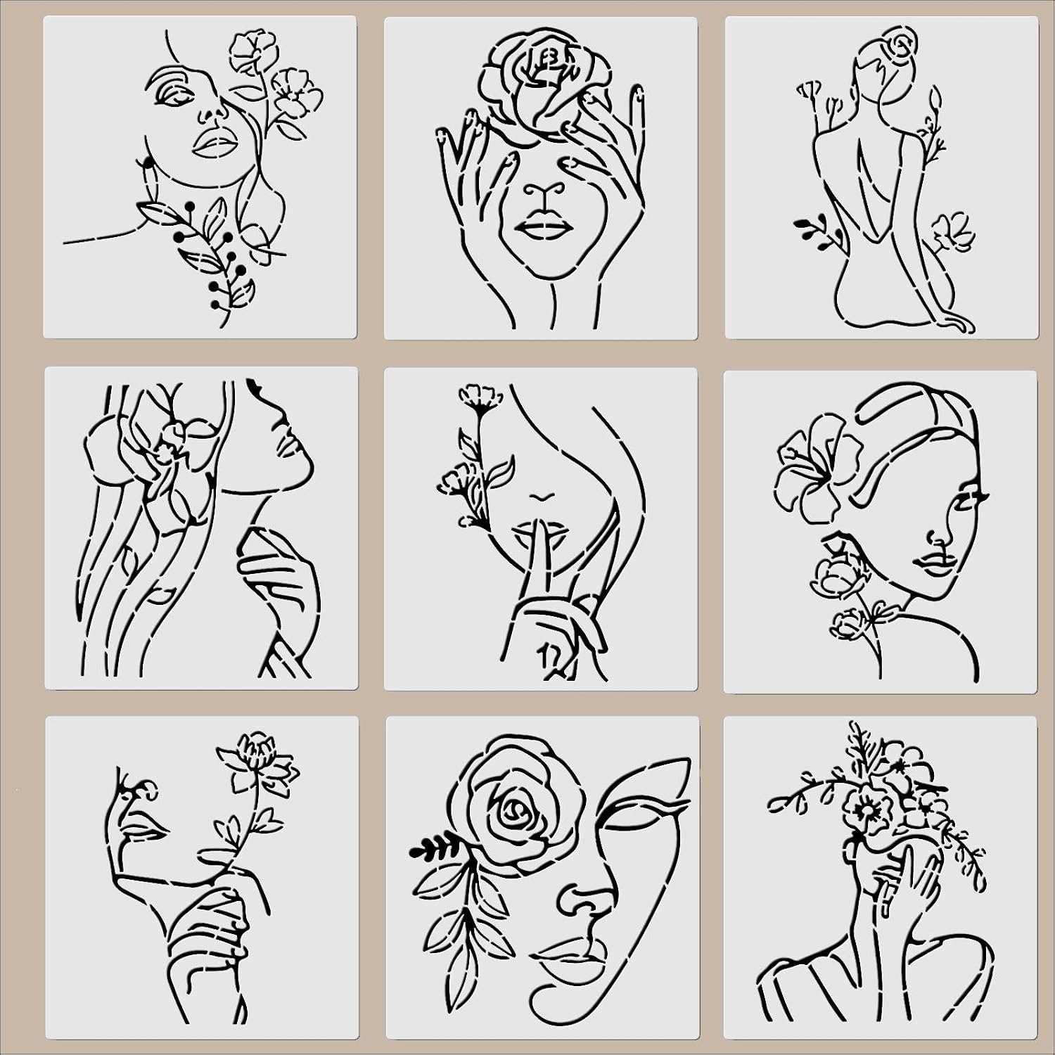 ORIGACH 9PCS 11.8x11.8inch Modern Minimalist Abstract Women Stencils