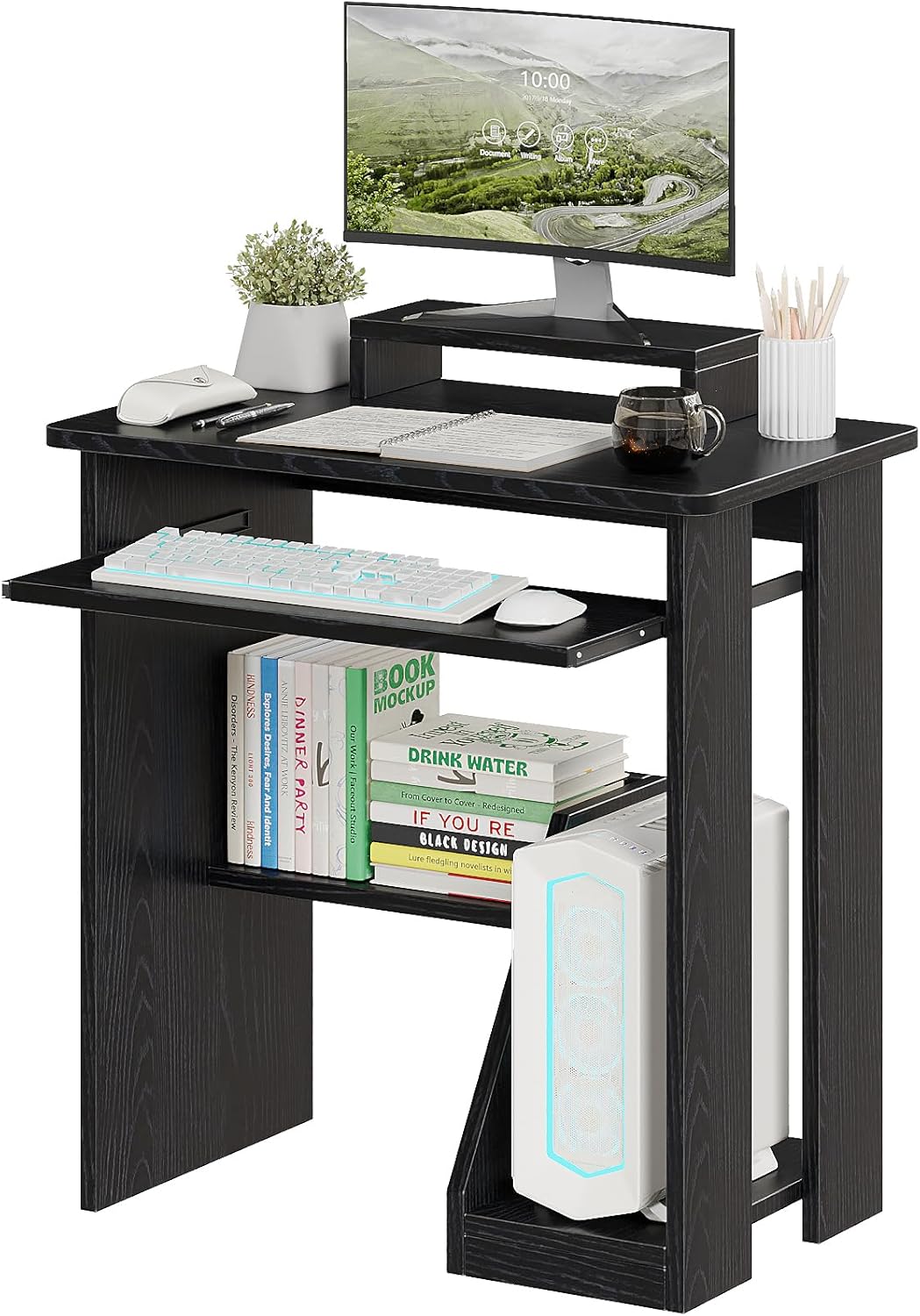 30" Small Computer Desk with Keyboard Tray Monitor Stand, Study Writing Desk with Storage Shelves, Modern Workstation for Small Spaces, Save Space, Black