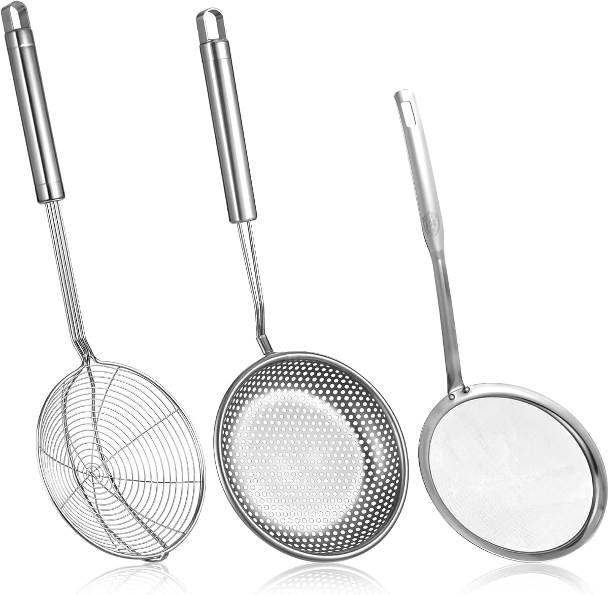 Spider Strainer &amp; Skimmer Spoon Set, 3-Piece Stainless Steel Ladle Metal Wire Sieve Large Holes Slotted Colander Fryer Scoop Fine Mesh Strainers with Long Handle, Food Sifter for Kitchen Cooking