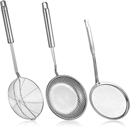Juego de 3 cucharas de colador y espumadera de araña, cucharón de acero inoxidable, tamiz de alambre de metal, agujeros grandes, colador ranurado,