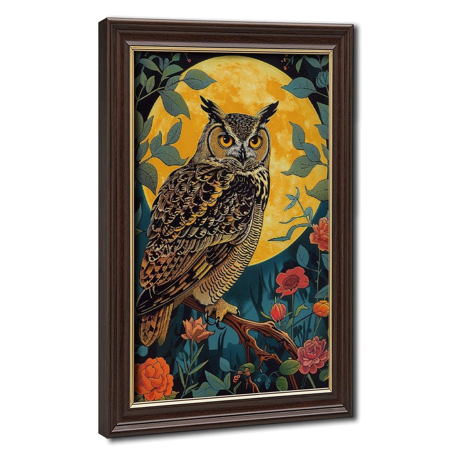 Bareronor Mokume Gane Frame-Style Vintage Owl And Moon Canvas Poster For Home Decor Gift