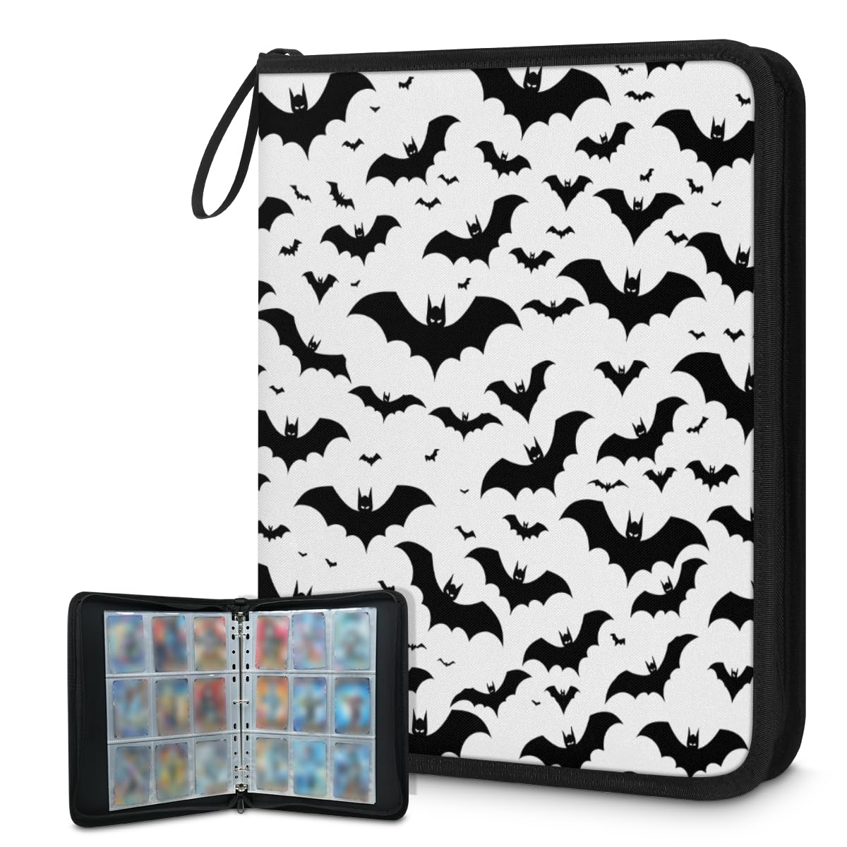 Raccoglitore per carte collezionabili con 9 tasche per Halloween con pipistrello, in bianco e nero, con sagoma di pipistrello, con maniche rimovibili, impermeabile, con cerniera, 50 pagine, capacità