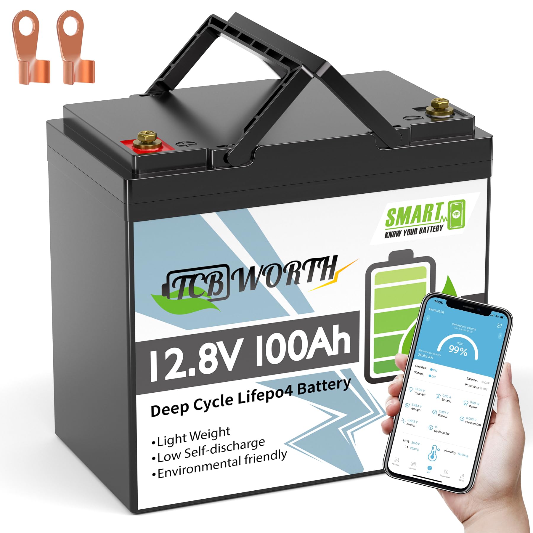 TCBWORTH Bateria Litio 12V 100Ah Bluetooth Batería LiFePO4, 15000+ Ciclo Profundo, Protección Contra Bajas Temperaturas, para Autocaravana, Sistema Placa Solar, Barco, Hogar, Kit Solar, Camping