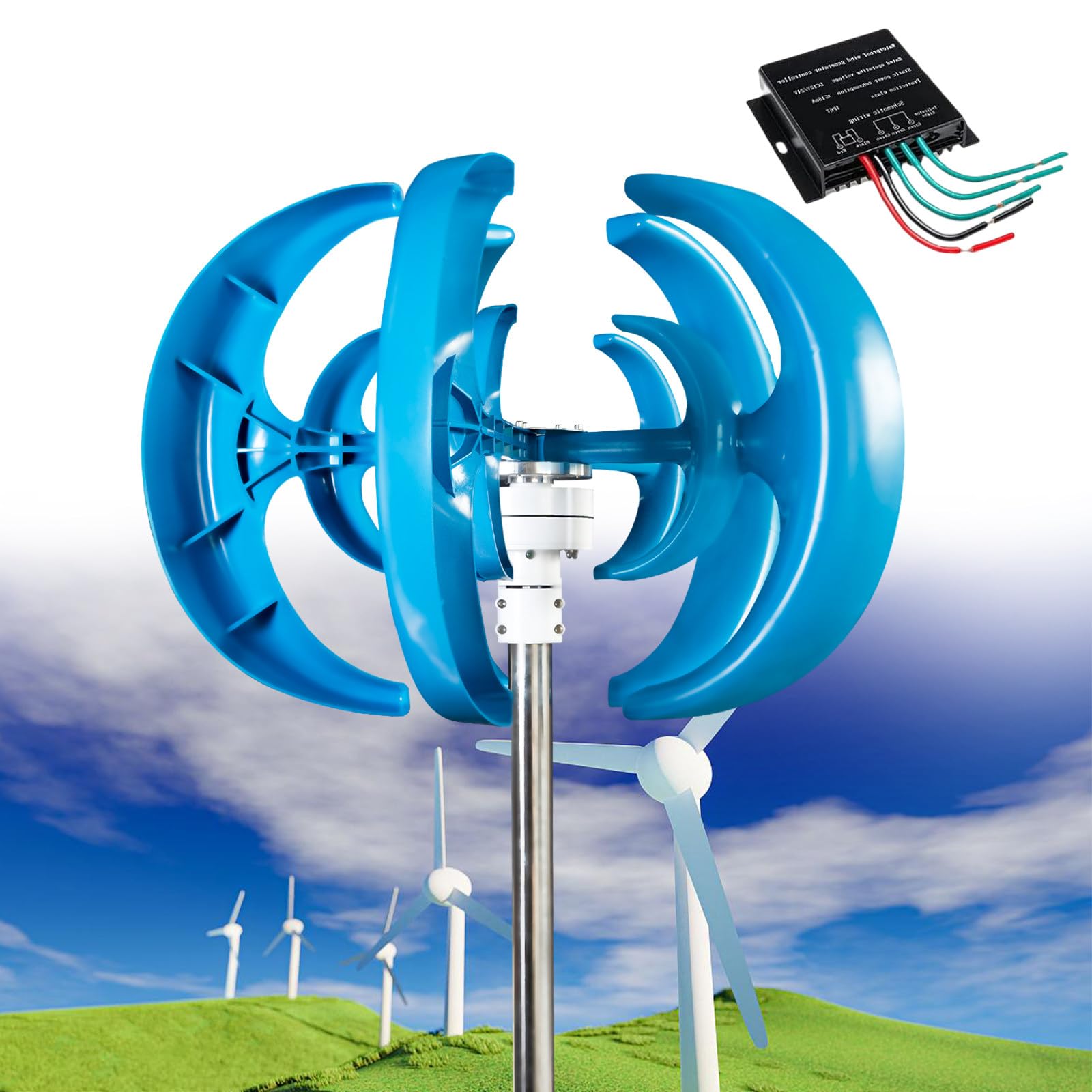 Wind Turbine Generator Kit, 12000W 12V/24V/48V Vertical Wind Turbine Electricity Set, 5 Blade Horizontal Wind Power Generator Kit for Home, Boat, Marine, Monitoring, Street Lighting,Blue-12V