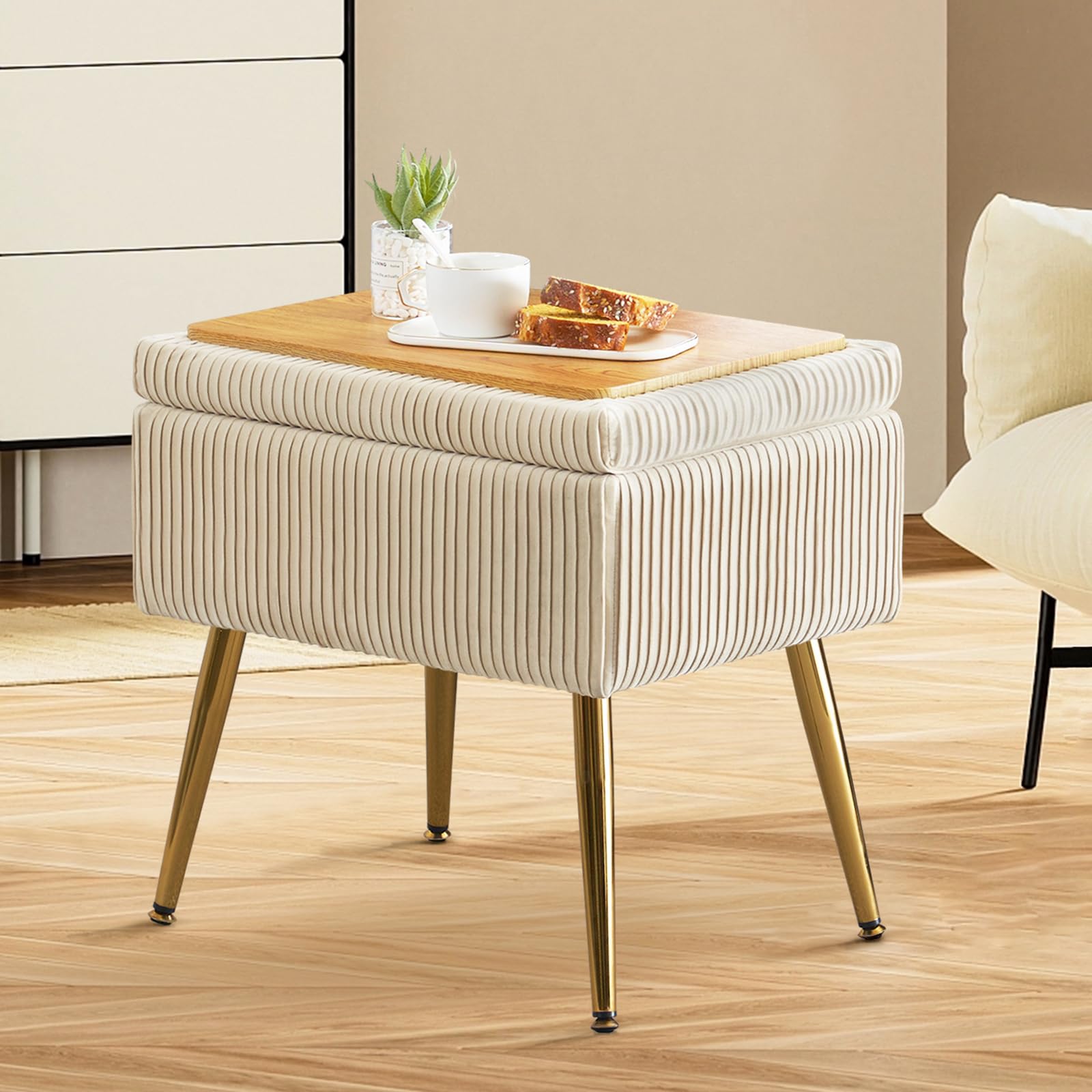 Furnimart Velvet Vanity Small Storage Bench, Upholstered Ottoman with Storage, Square Mondern Stool for Vanity, Footrest Stool with Metal Legs for Bedroom, Living Room Makeup Room