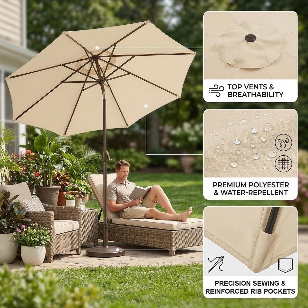 Fade Resistant Fabric Patio Umbrella Replacement Canopy 7.5ft/9ft/10ft/11ft, Outdoor Market Umbrella Top Cover for 6 Ribs 8 Ribs Heavy Duty Uv Resistant(Yellow,8 Ribs:3.3M/11FT)